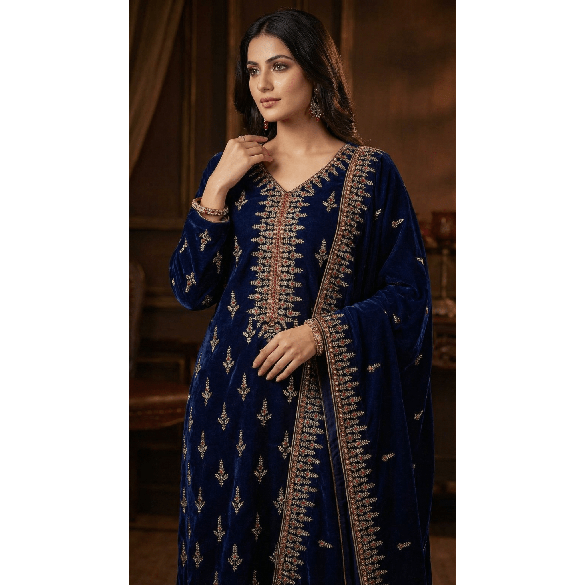 • Clothing: Embroidered/Printed suit for women - Made of best quality fabric - lawn or linen or chiffon - pure silk - Available at Najma Designs & Co. • Jewelry: Gold - plated stud earrings for