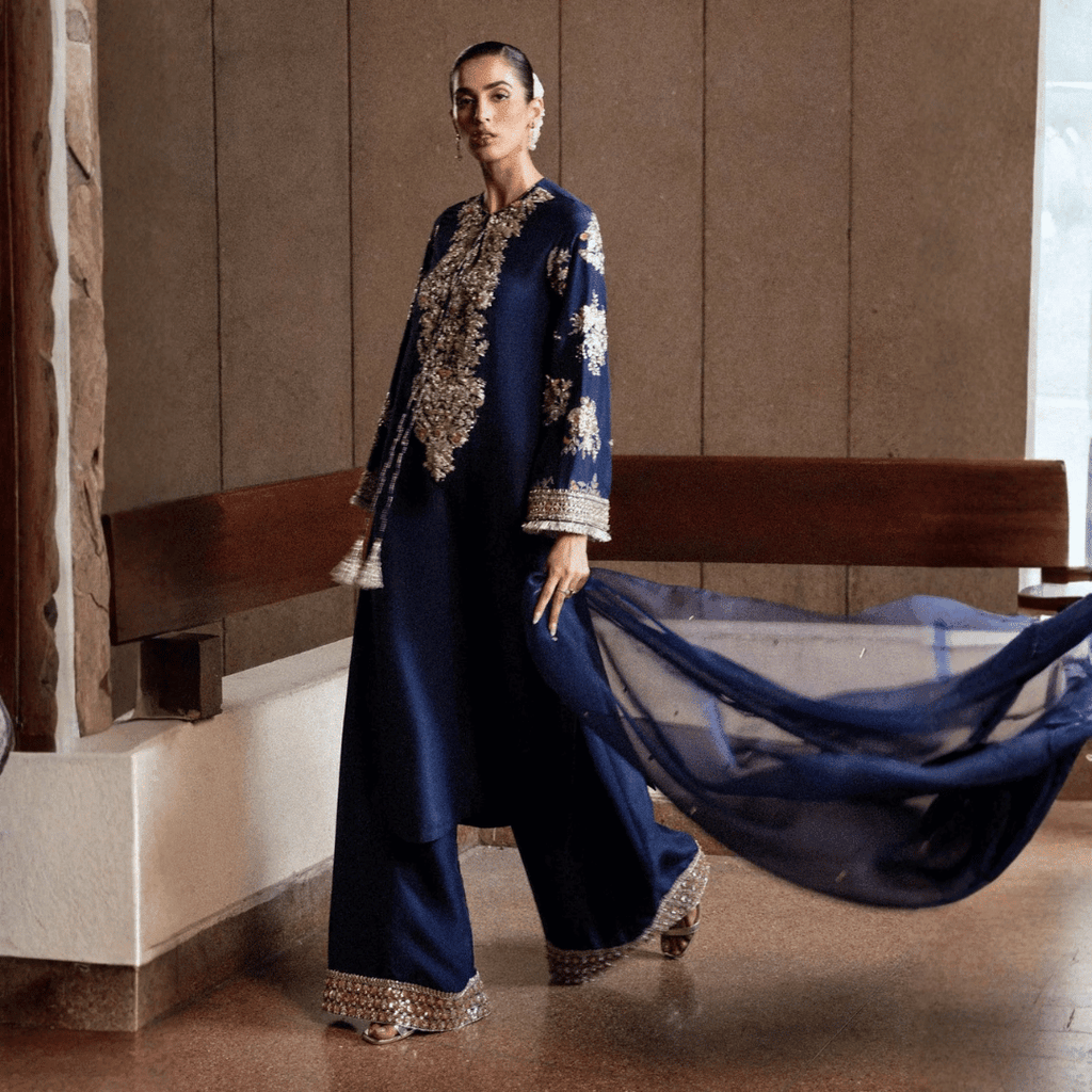 • Clothing: Embroidered/Printed suit for women - Made of best quality fabric - lawn or linen or chiffon - pure silk - Available at Najma Designs & Co. • Jewelry: Gold - plated stud earrings for