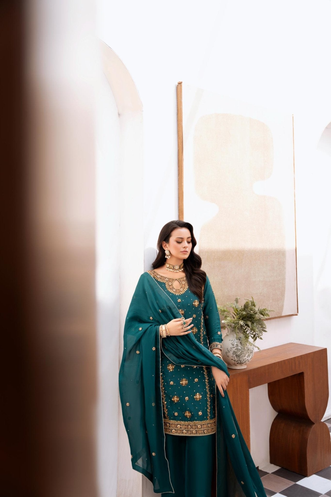 • Clothing: Embroidered/Printed suit for women - Made of best quality fabric - lawn or linen or chiffon - pure silk - Available at Najma Designs & Co. • Jewelry: Gold - plated stud earrings for