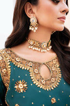 • Clothing: Embroidered/Printed suit for women - Made of best quality fabric - lawn or linen or chiffon - pure silk - Available at Najma Designs & Co. • Jewelry: Gold - plated stud earrings for