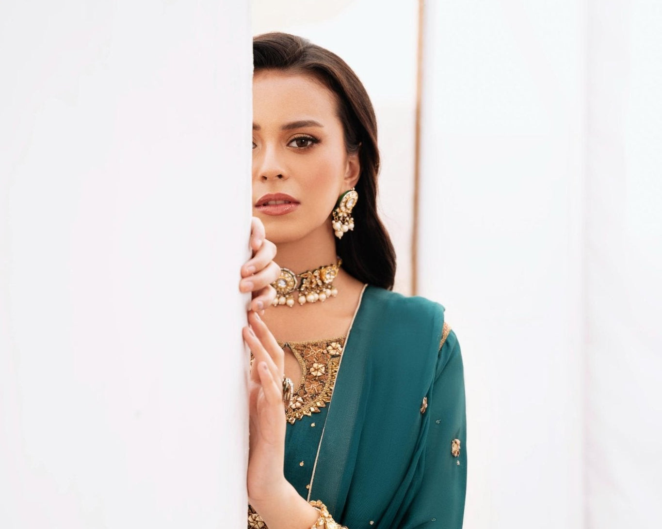 • Clothing: Embroidered/Printed suit for women - Made of best quality fabric - lawn or linen or chiffon - pure silk - Available at Najma Designs & Co. • Jewelry: Gold - plated stud earrings for