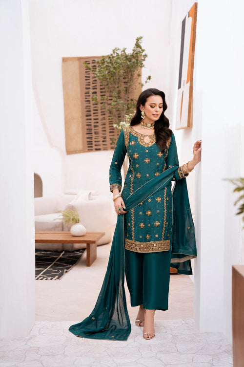 • Clothing: Embroidered/Printed suit for women - Made of best quality fabric - lawn or linen or chiffon - pure silk - Available at Najma Designs & Co. • Jewelry: Gold - plated stud earrings for