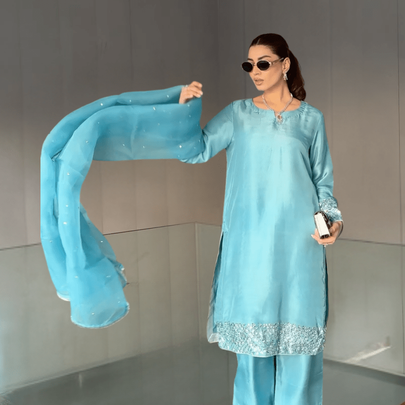 • Clothing: Embroidered/Printed suit for women - Made of best quality fabric - lawn or linen or chiffon - pure silk - Available at Najma Designs & Co. • Jewelry: Gold - plated stud earrings for