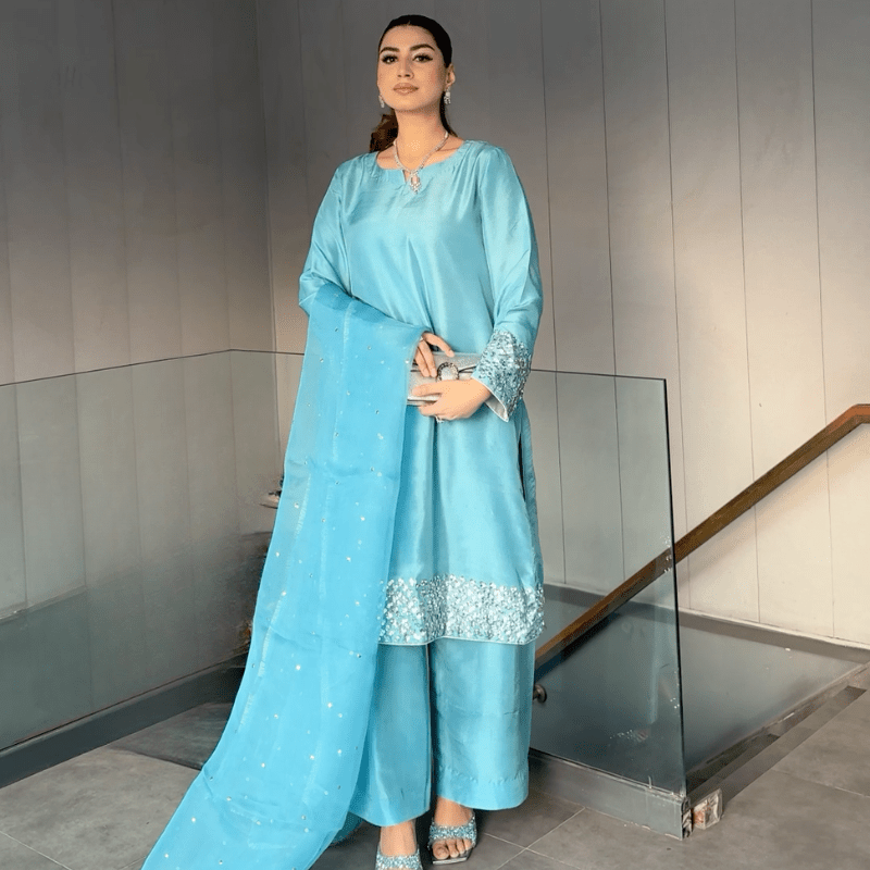 • Clothing: Embroidered/Printed suit for women - Made of best quality fabric - lawn or linen or chiffon - pure silk - Available at Najma Designs & Co. • Jewelry: Gold - plated stud earrings for