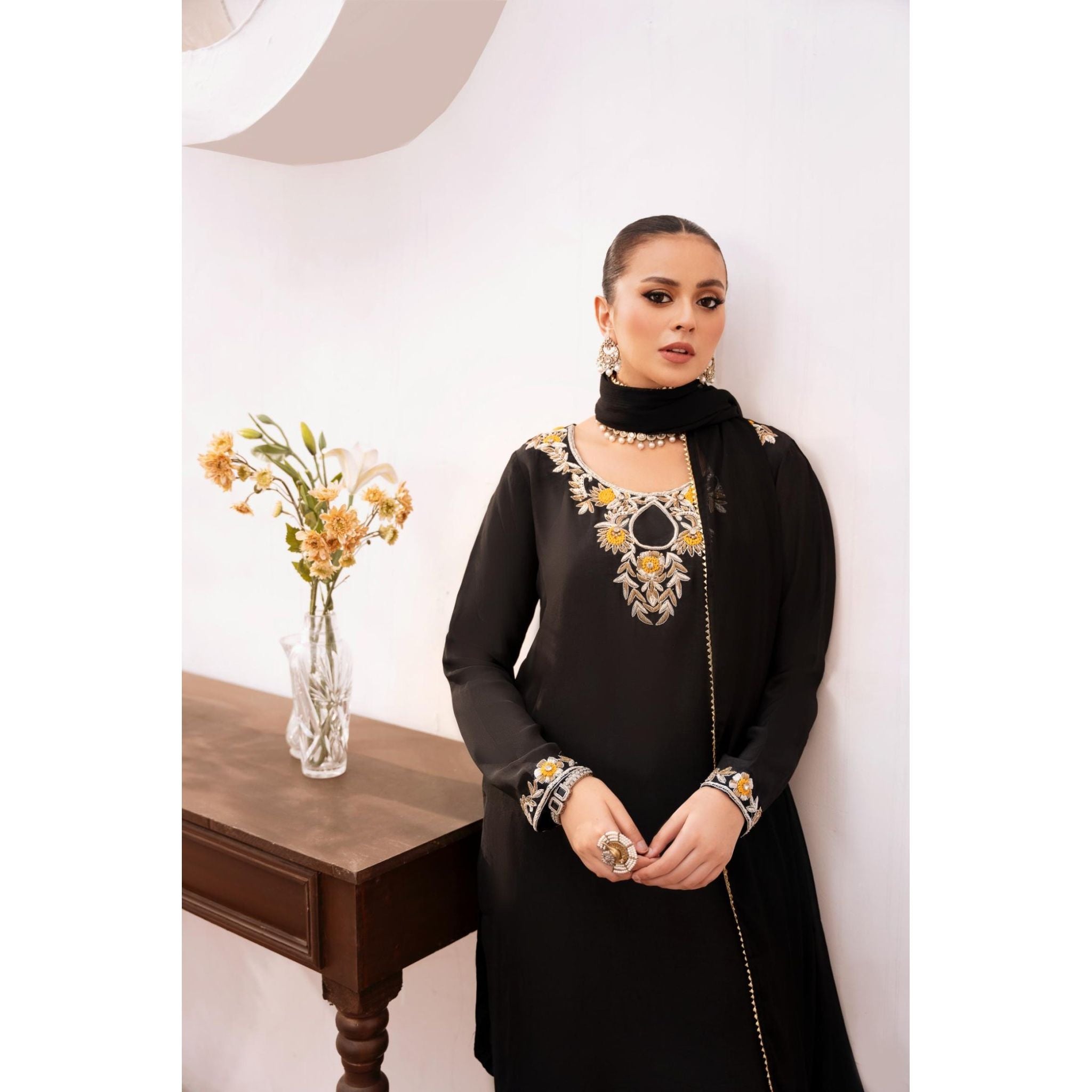 • Clothing: Embroidered/Printed suit for women - Made of best quality fabric - lawn or linen or chiffon - pure silk - Available at Najma Designs & Co. • Jewelry: Gold - plated stud earrings for