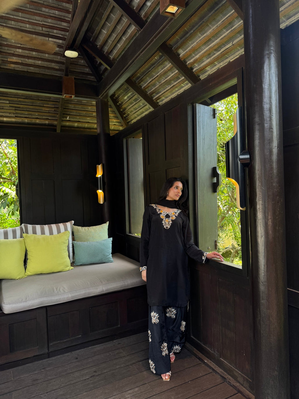 • Clothing: Embroidered/Printed suit for women - Made of best quality fabric - lawn or linen or chiffon - pure silk - Available at Najma Designs & Co. • Jewelry: Gold - plated stud earrings for