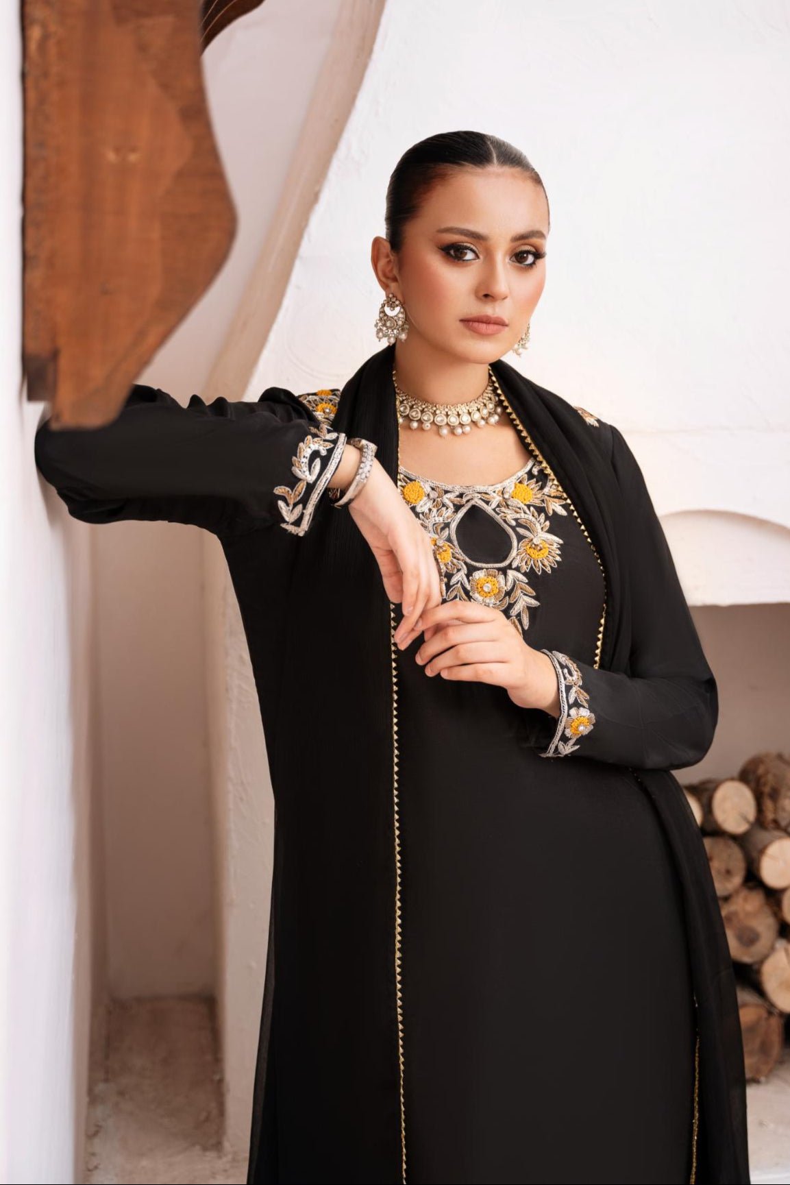 • Clothing: Embroidered/Printed suit for women - Made of best quality fabric - lawn or linen or chiffon - pure silk - Available at Najma Designs & Co. • Jewelry: Gold - plated stud earrings for