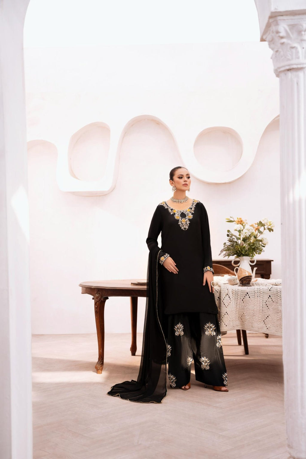 • Clothing: Embroidered/Printed suit for women - Made of best quality fabric - lawn or linen or chiffon - pure silk - Available at Najma Designs & Co. • Jewelry: Gold - plated stud earrings for