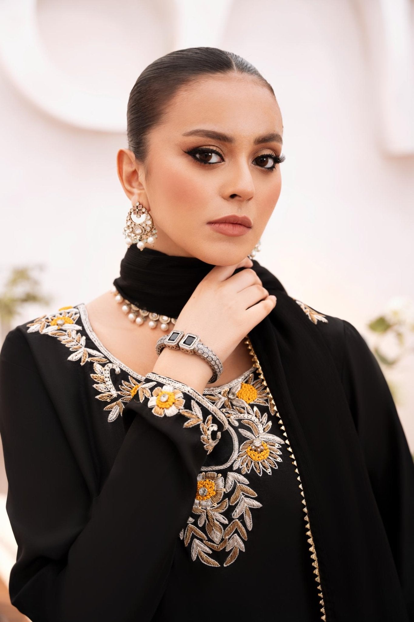 • Clothing: Embroidered/Printed suit for women - Made of best quality fabric - lawn or linen or chiffon - pure silk - Available at Najma Designs & Co. • Jewelry: Gold - plated stud earrings for