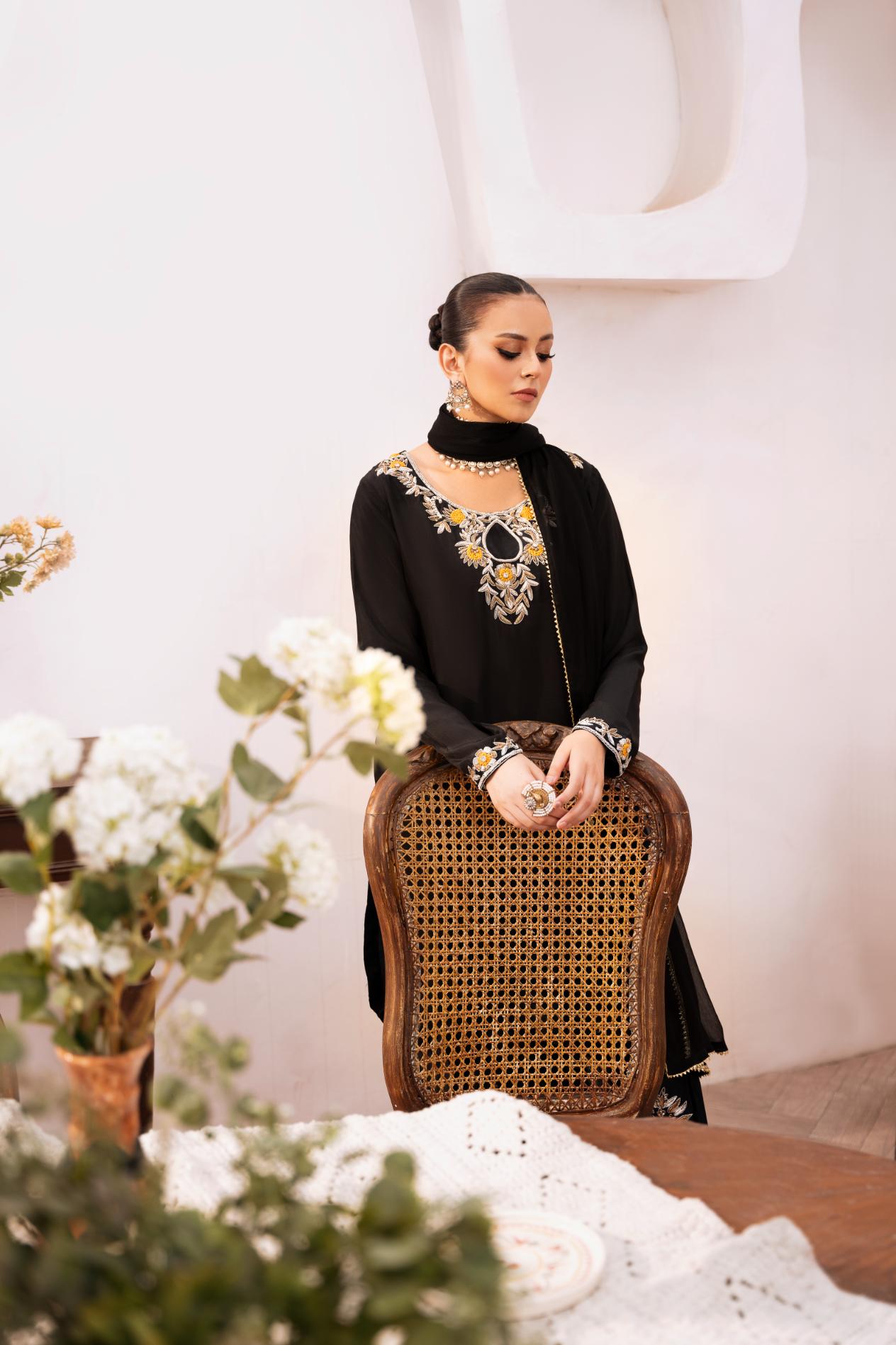 • Clothing: Embroidered/Printed suit for women - Made of best quality fabric - lawn or linen or chiffon - pure silk - Available at Najma Designs & Co. • Jewelry: Gold - plated stud earrings for