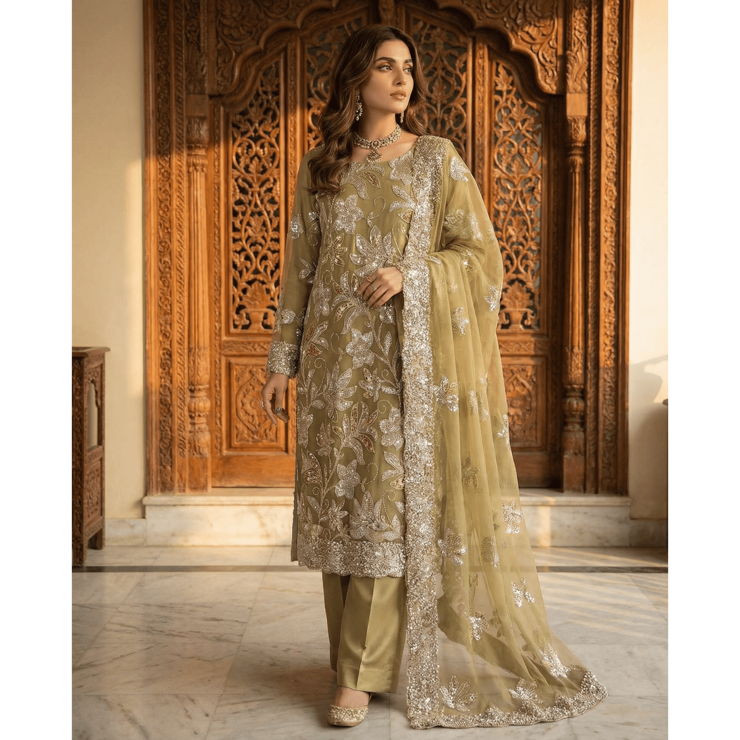 • Clothing: Embroidered/Printed suit for women - Made of best quality fabric - lawn or linen or chiffon - pure silk - Available at Najma Designs & Co. • Jewelry: Gold - plated stud earrings for