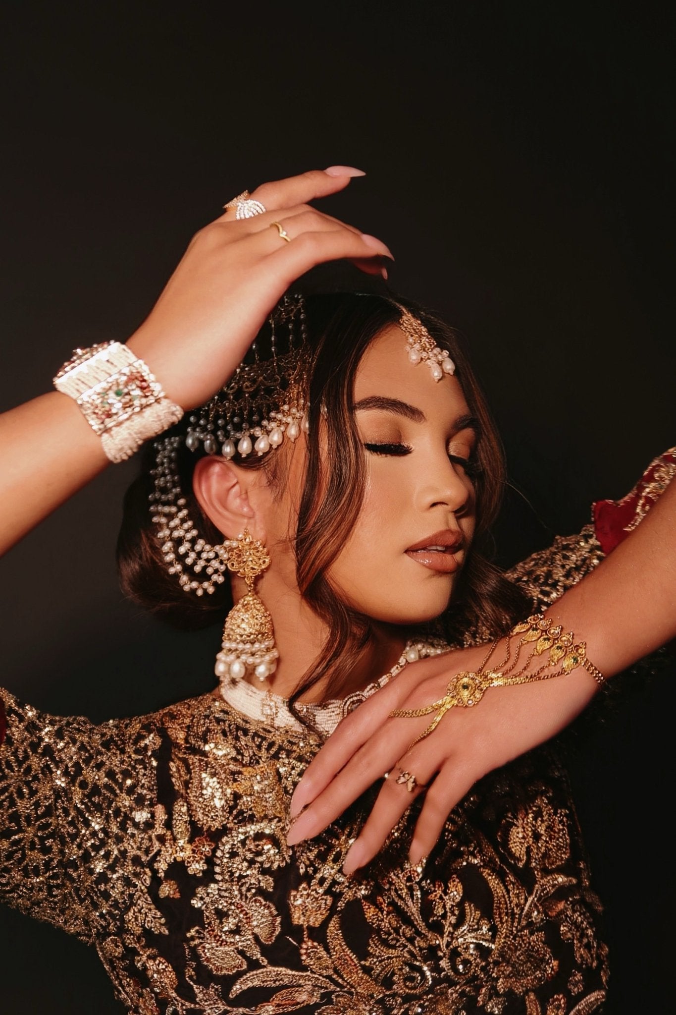 • Clothing: Embroidered/Printed suit for women - Made of best quality fabric - lawn or linen or chiffon- pure silk - Available at Najma Designs & Co. • Jewelry: Gold-plated stud earrings for