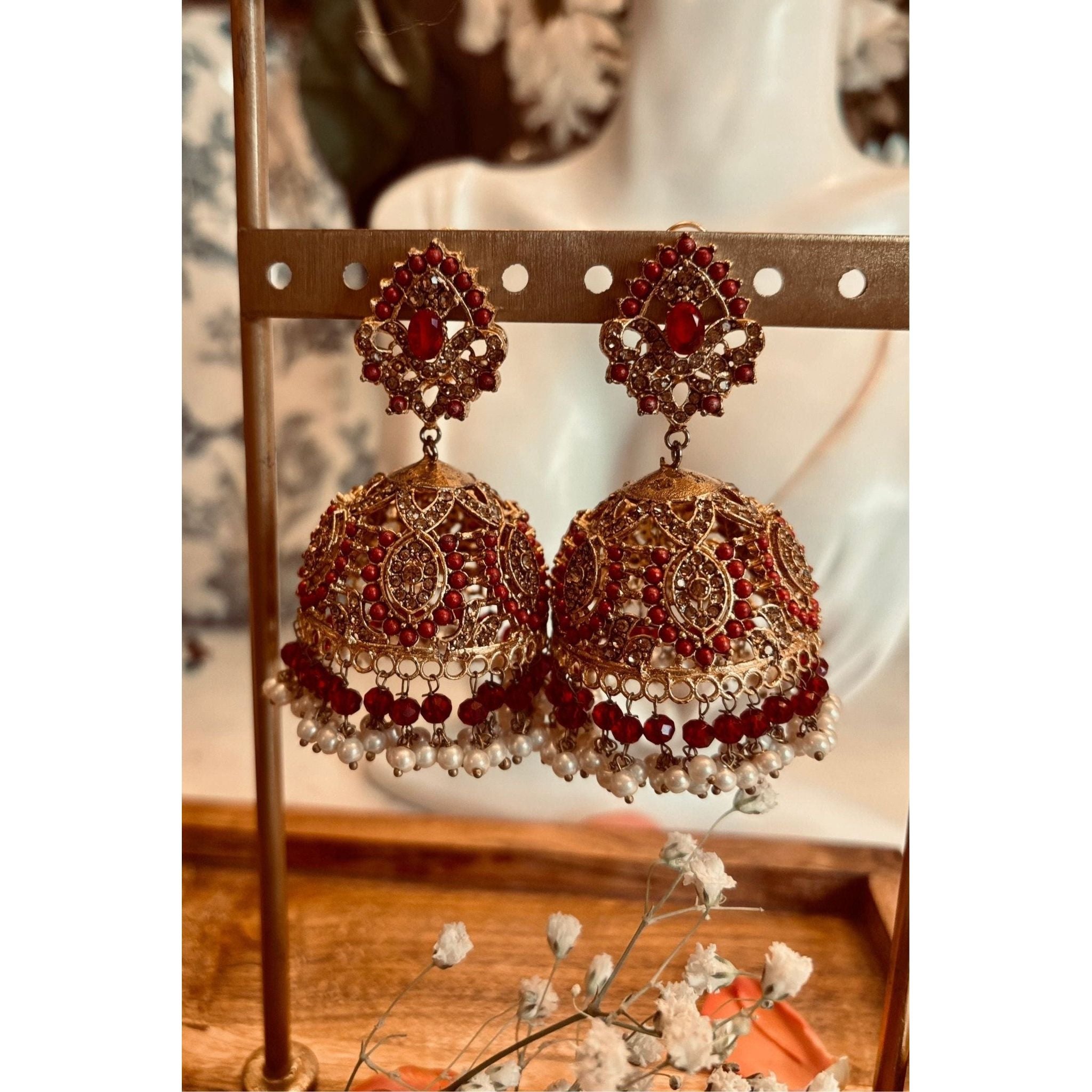 Nuzm Jhumkay Gold-Plated Earrings with Kundan Stones, Pearl Moti, and Rose Pink Beads, Crafted on High-Quality Brass, Traditional Indian Jewelry, Bridal and Festive Earrings, Elegant and Bold Design, Perfect for Feminine and Royal Looks