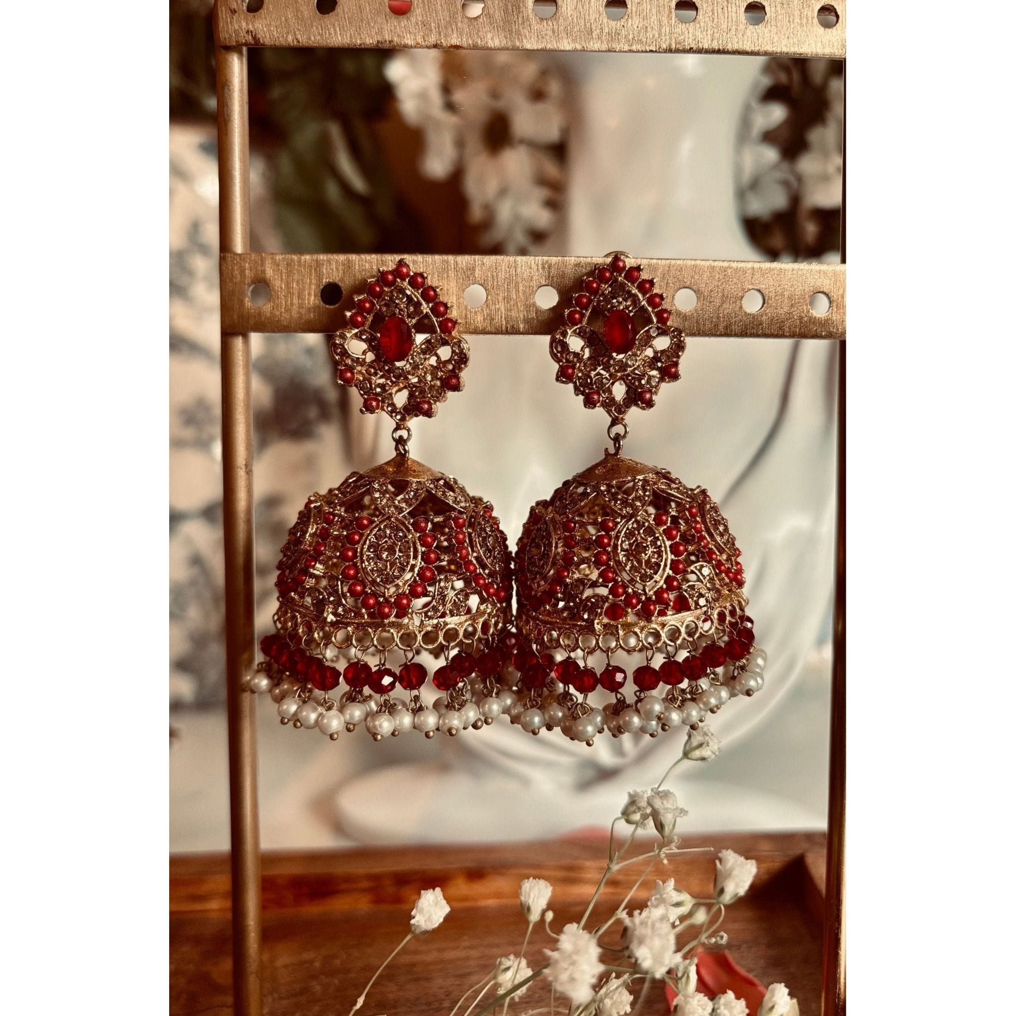 Nuzm Jhumkay Gold-Plated Earrings with Kundan Stones, Pearl Moti, and Rose Pink Beads, Crafted on High-Quality Brass, Traditional Indian Jewelry, Bridal and Festive Earrings, Elegant and Bold Design, Perfect for Feminine and Royal Looks