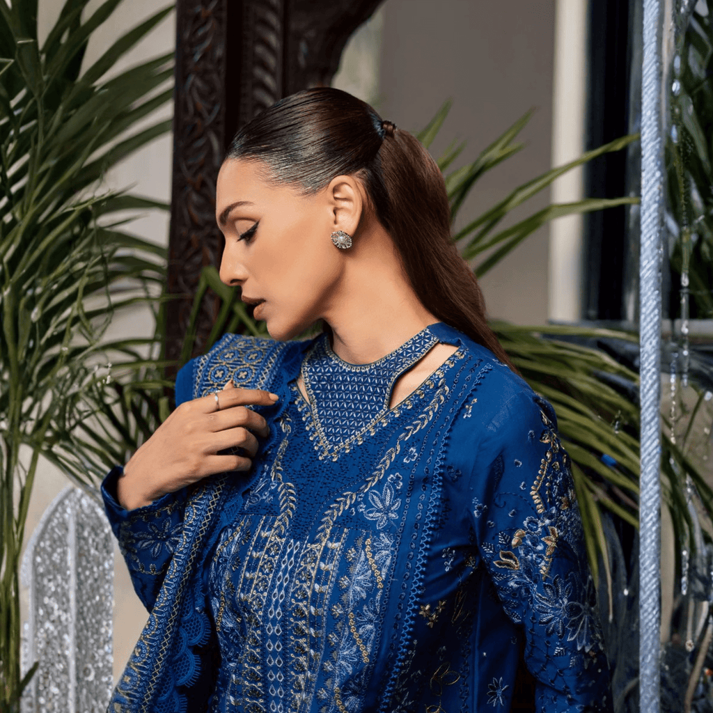 • Clothing: Embroidered/Printed suit for women - Made of best quality fabric - lawn or linen or chiffon - pure silk - Available at Najma Designs & Co. • Jewelry: Gold - plated stud earrings for