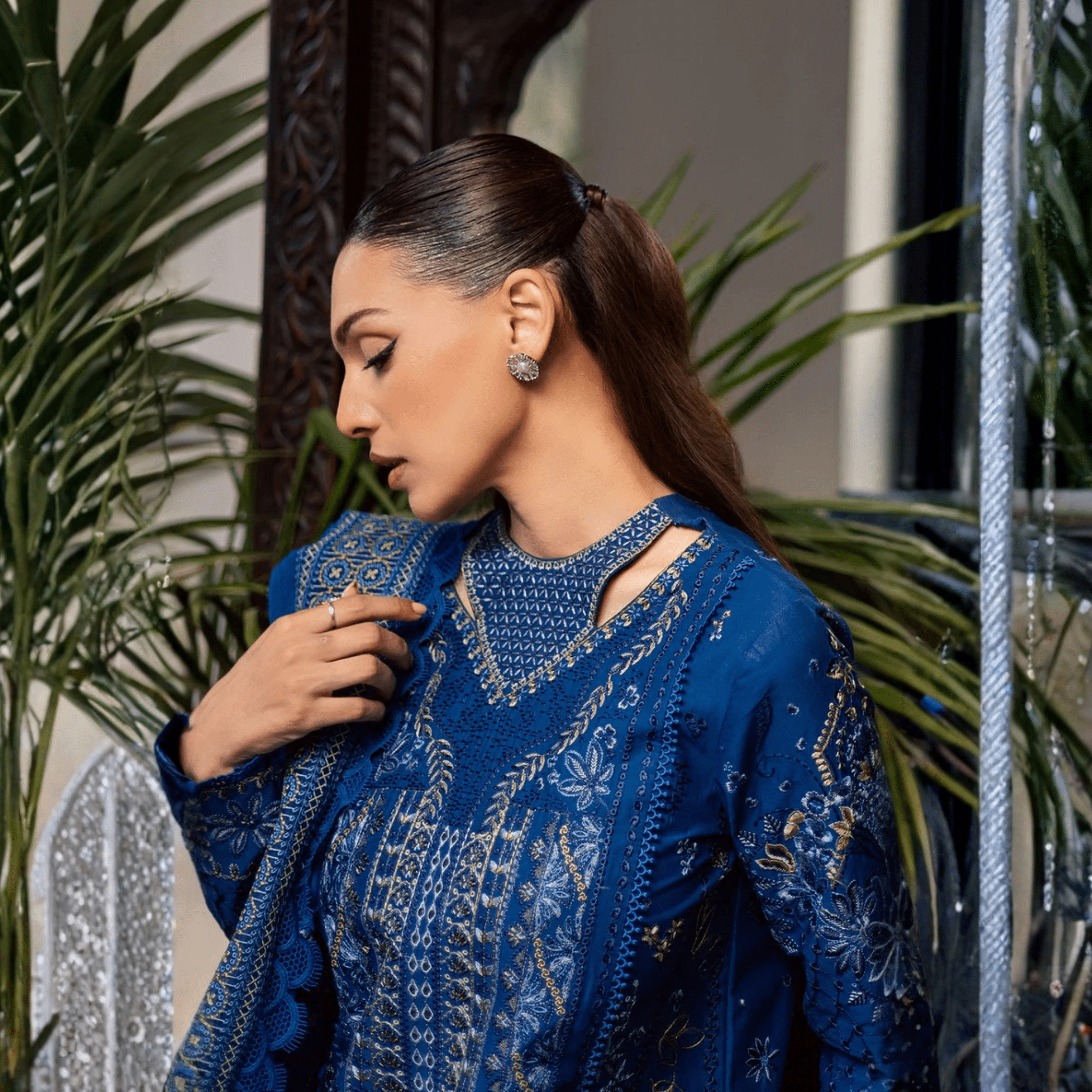 • Clothing: Embroidered/Printed suit for women - Made of best quality fabric - lawn or linen or chiffon - pure silk - Available at Najma Designs & Co. • Jewelry: Gold - plated stud earrings for