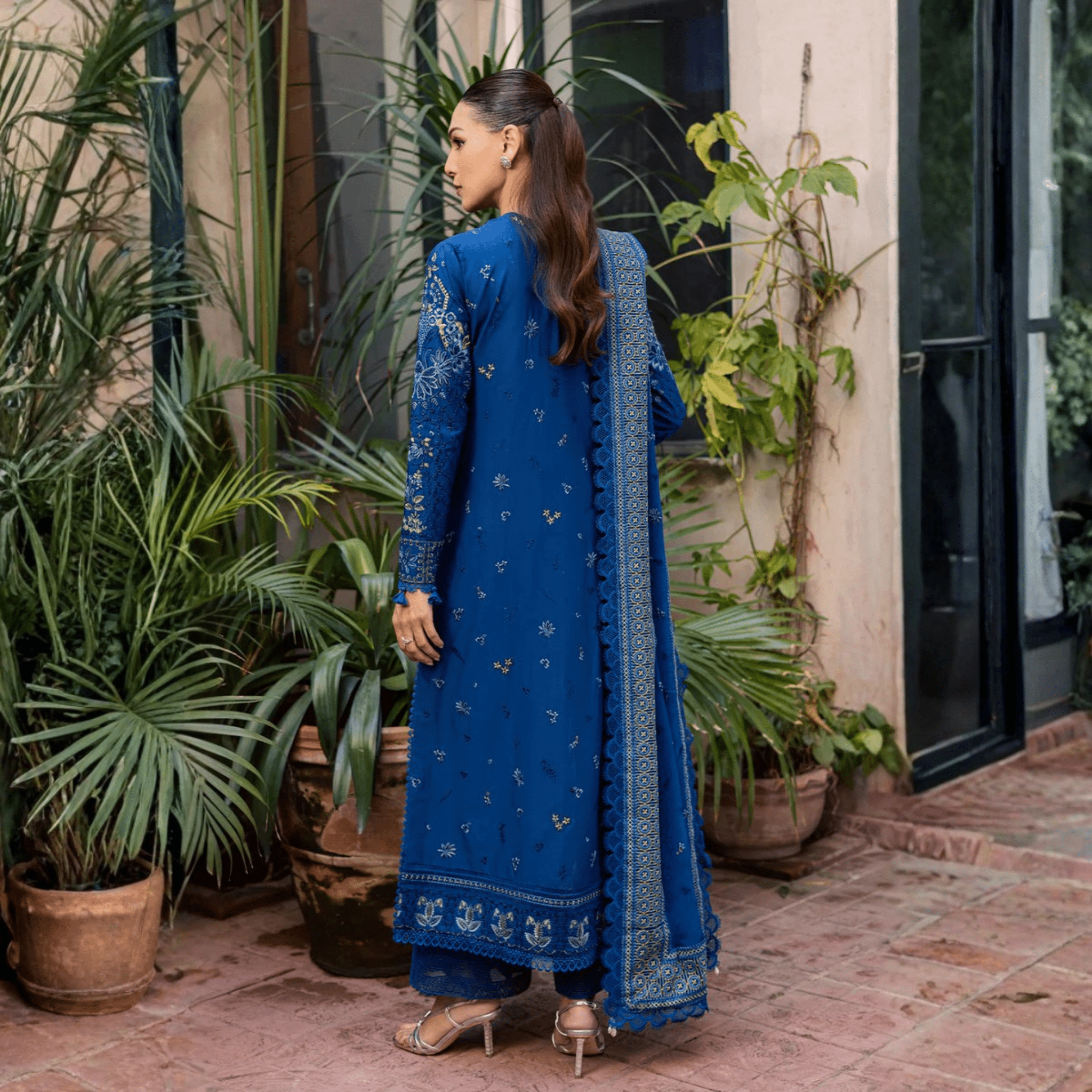 • Clothing: Embroidered/Printed suit for women - Made of best quality fabric - lawn or linen or chiffon - pure silk - Available at Najma Designs & Co. • Jewelry: Gold - plated stud earrings for