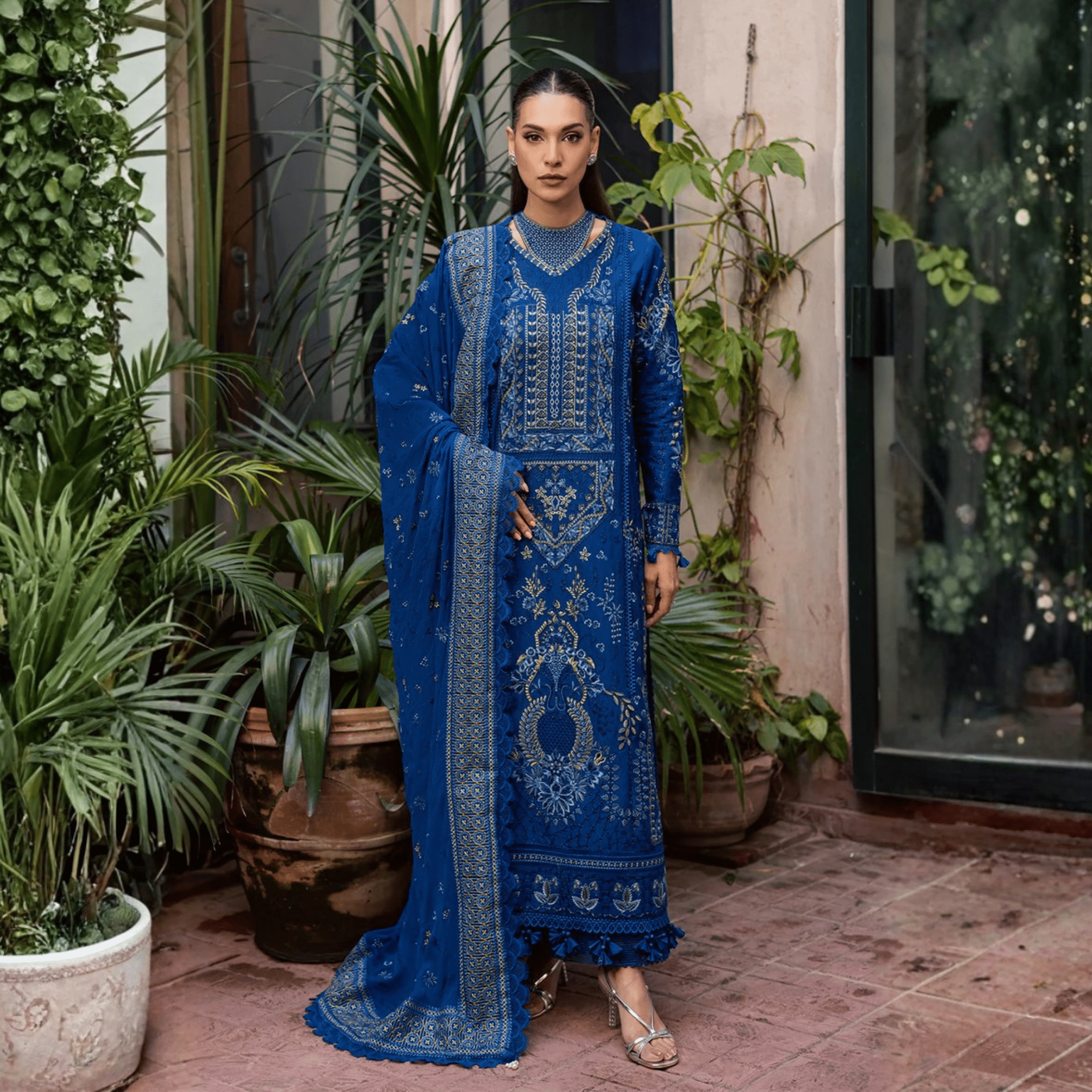 • Clothing: Embroidered/Printed suit for women - Made of best quality fabric - lawn or linen or chiffon - pure silk - Available at Najma Designs & Co. • Jewelry: Gold - plated stud earrings for