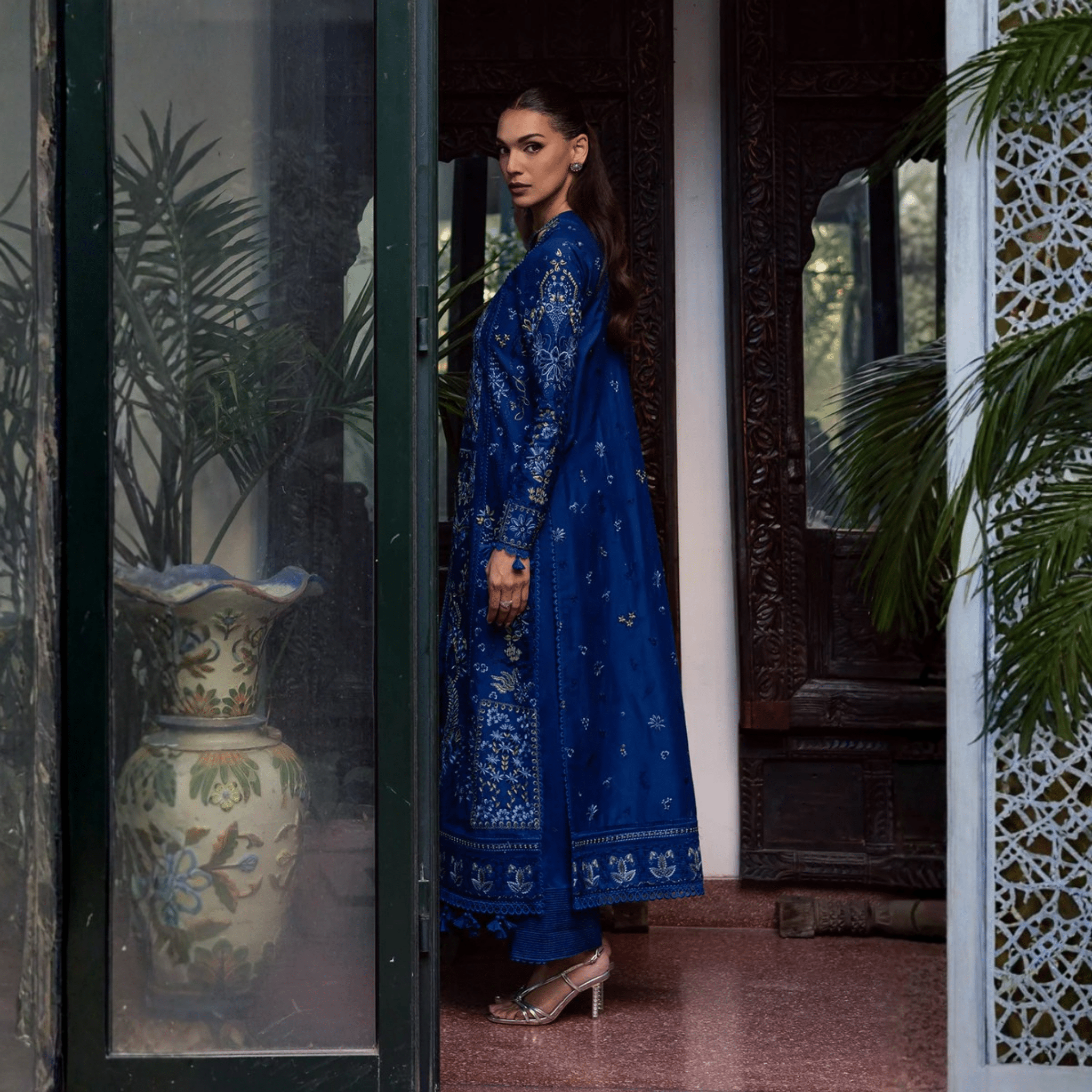 • Clothing: Embroidered/Printed suit for women - Made of best quality fabric - lawn or linen or chiffon - pure silk - Available at Najma Designs & Co. • Jewelry: Gold - plated stud earrings for