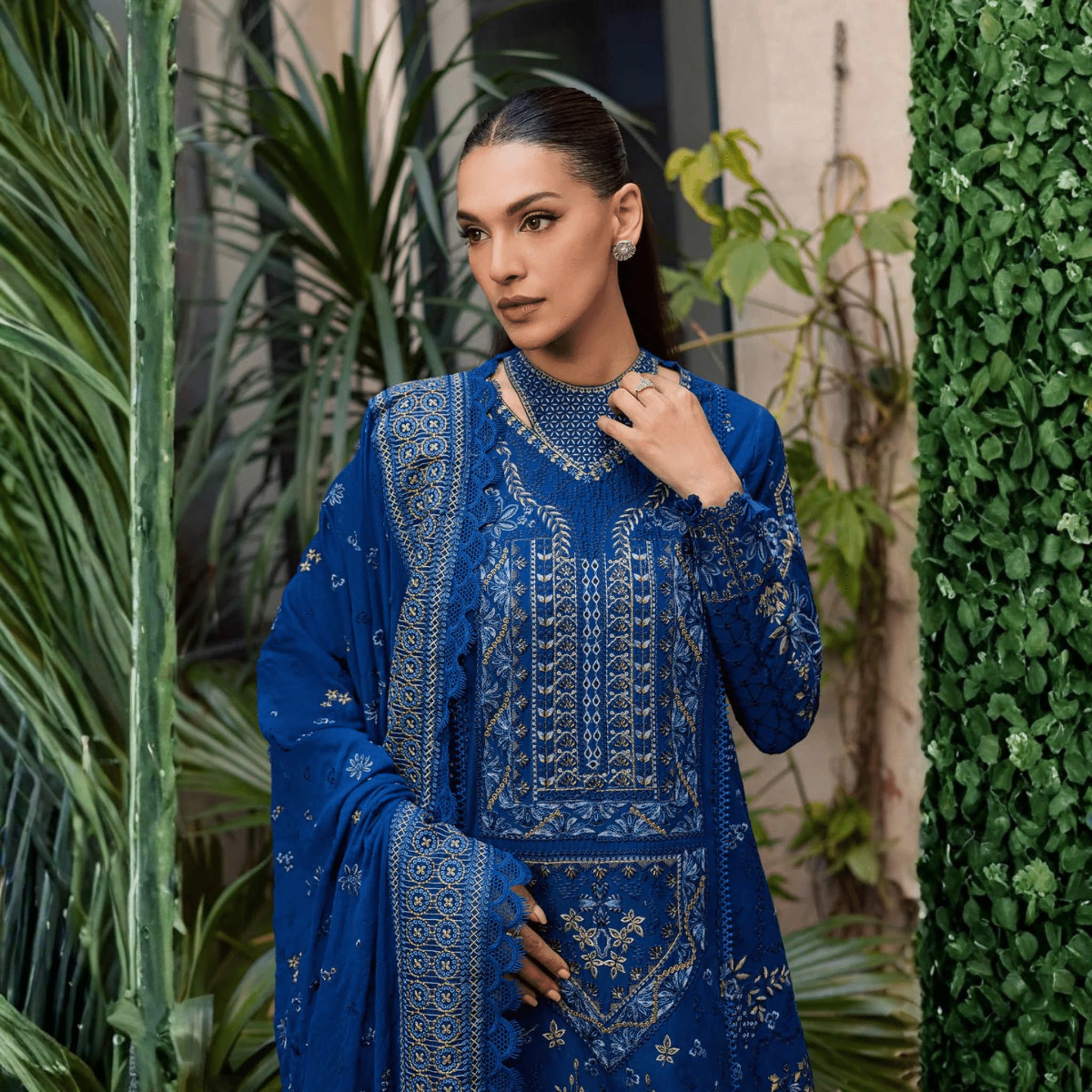 • Clothing: Embroidered/Printed suit for women - Made of best quality fabric - lawn or linen or chiffon - pure silk - Available at Najma Designs & Co. • Jewelry: Gold - plated stud earrings for