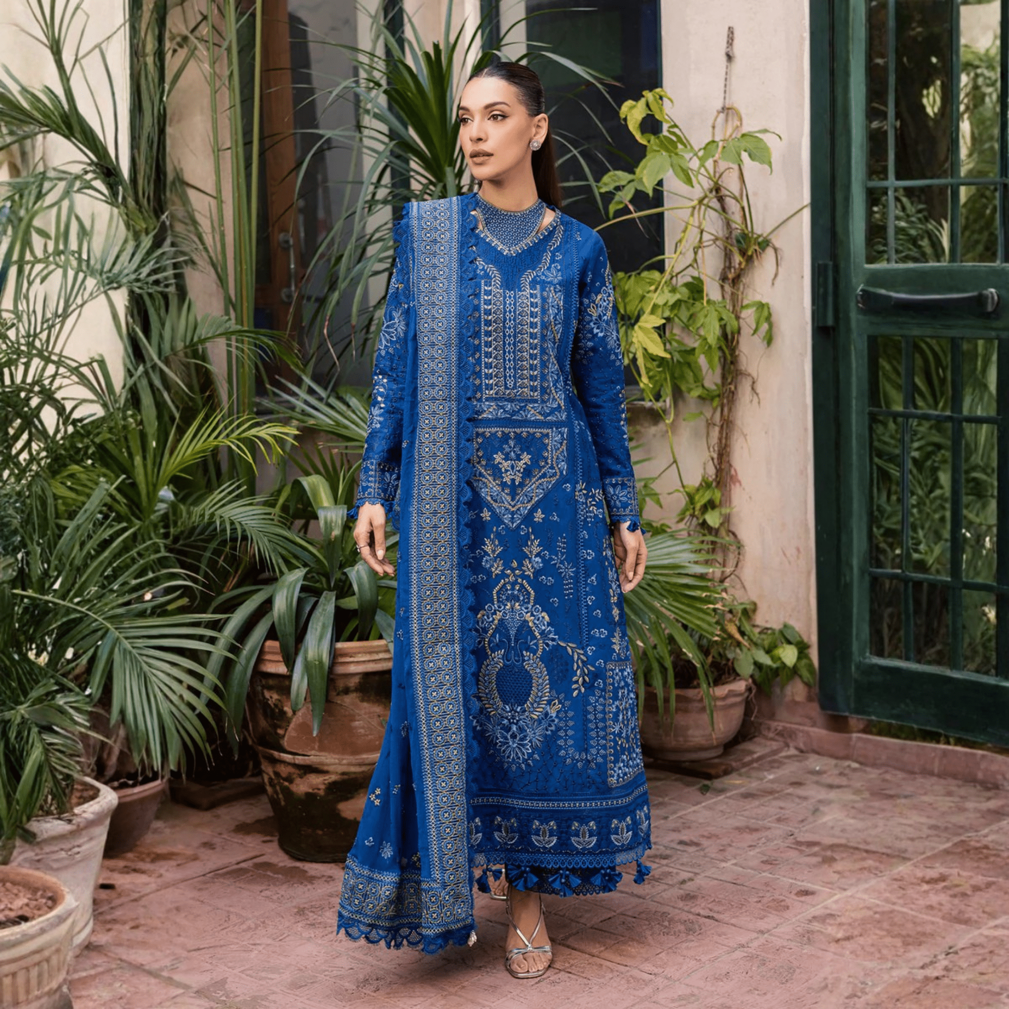 • Clothing: Embroidered/Printed suit for women - Made of best quality fabric - lawn or linen or chiffon - pure silk - Available at Najma Designs & Co. • Jewelry: Gold - plated stud earrings for