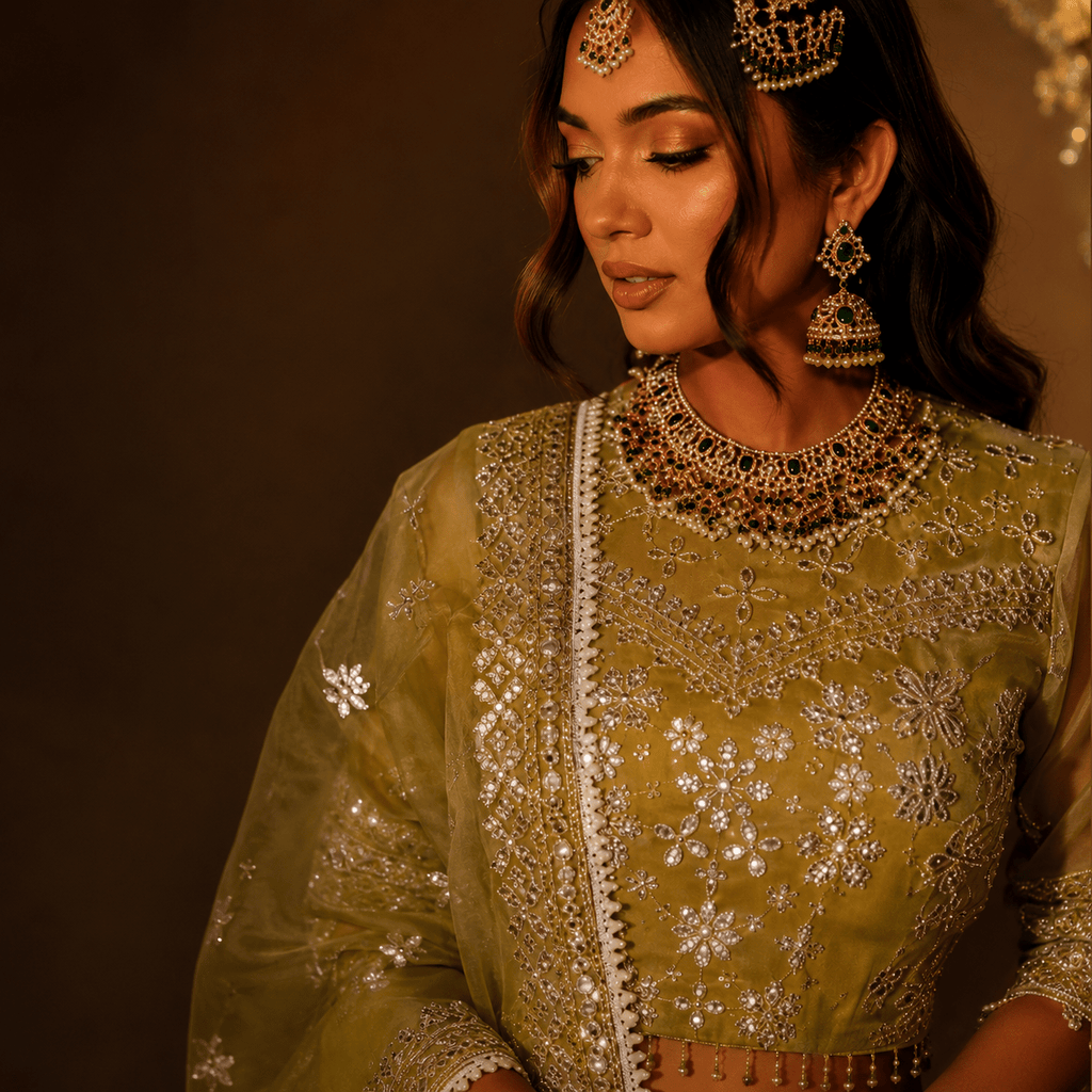 • Clothing: Embroidered/Printed suit for women - Made of best quality fabric - lawn or linen or chiffon- pure silk - Available at Najma Designs & Co. • Jewelry: Gold-plated stud earrings for