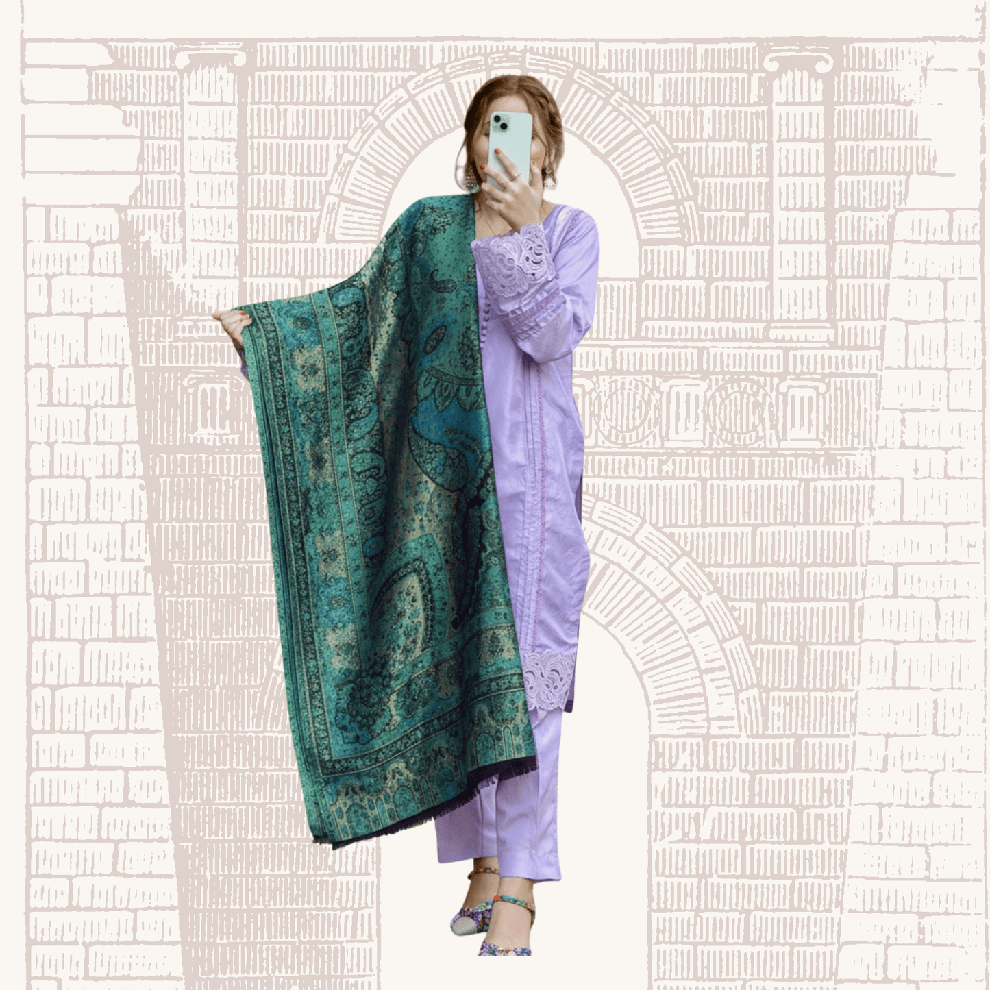 • Clothing: Embroidered/Printed suit for women - Made of best quality fabric - lawn or linen or chiffon - pure silk - Available at Najma Designs & Co. • Jewelry: Gold - plated stud earrings for