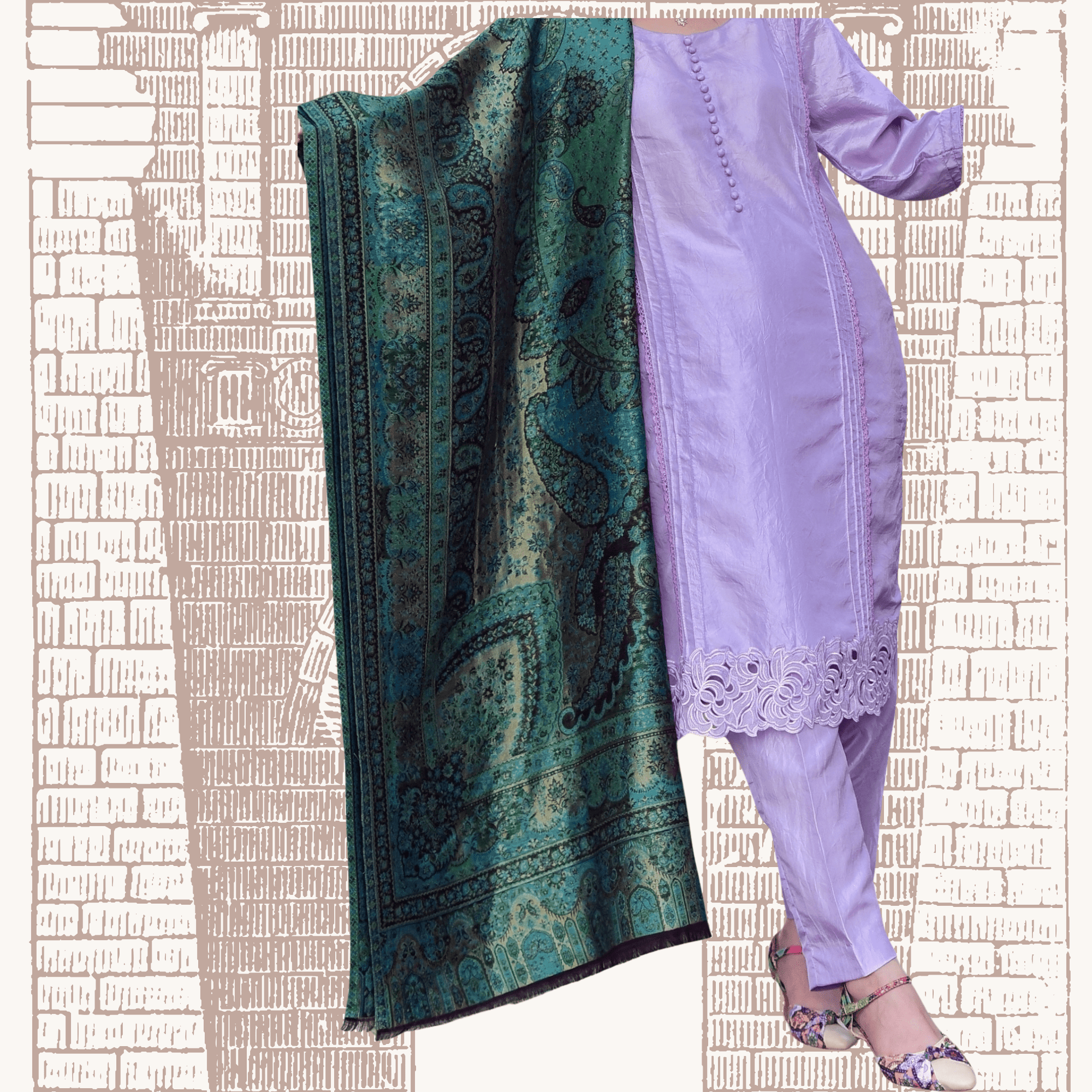 • Clothing: Embroidered/Printed suit for women - Made of best quality fabric - lawn or linen or chiffon - pure silk - Available at Najma Designs & Co. • Jewelry: Gold - plated stud earrings for