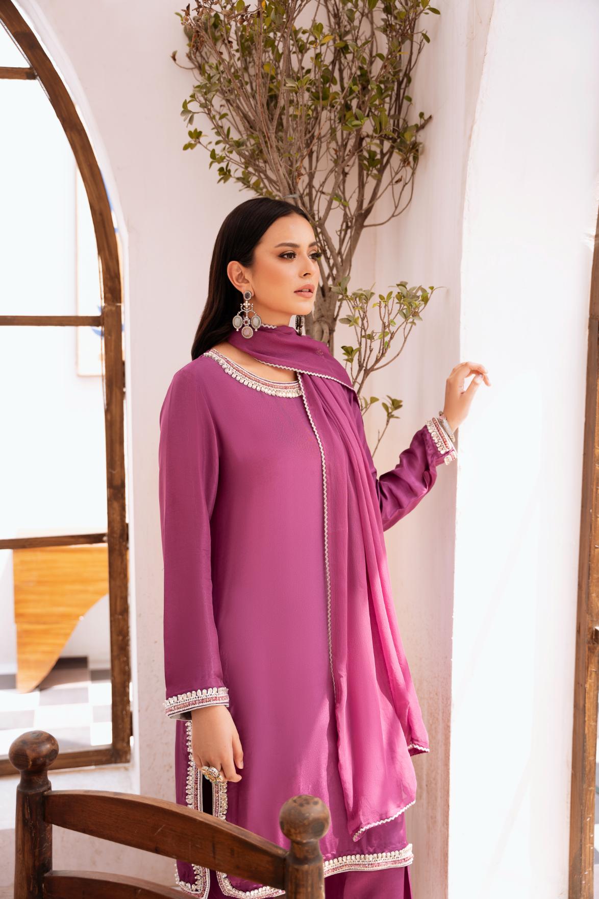 • Clothing: Embroidered/Printed suit for women - Made of best quality fabric - lawn or linen or chiffon - pure silk - Available at Najma Designs & Co. • Jewelry: Gold - plated stud earrings for