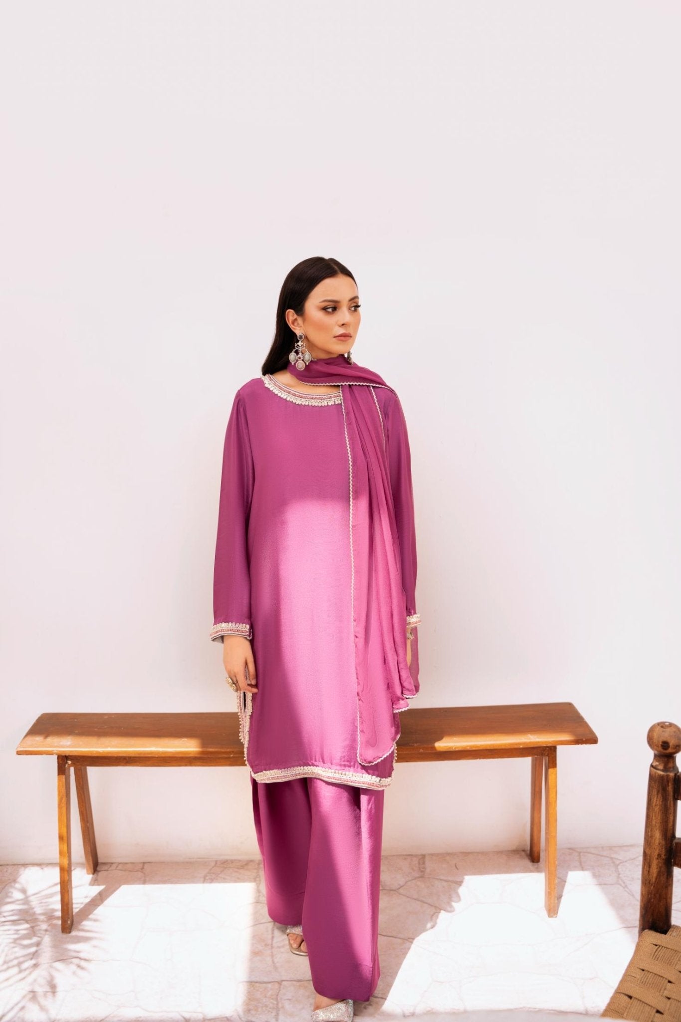 • Clothing: Embroidered/Printed suit for women - Made of best quality fabric - lawn or linen or chiffon - pure silk - Available at Najma Designs & Co. • Jewelry: Gold - plated stud earrings for