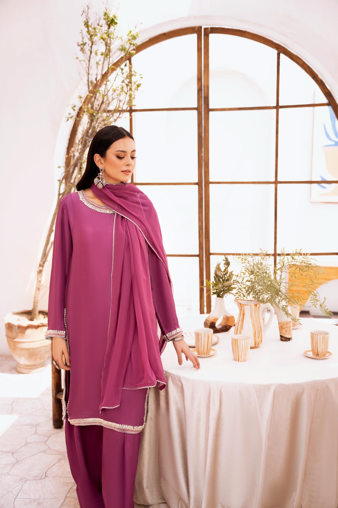 • Clothing: Embroidered/Printed suit for women - Made of best quality fabric - lawn or linen or chiffon - pure silk - Available at Najma Designs & Co. • Jewelry: Gold - plated stud earrings for