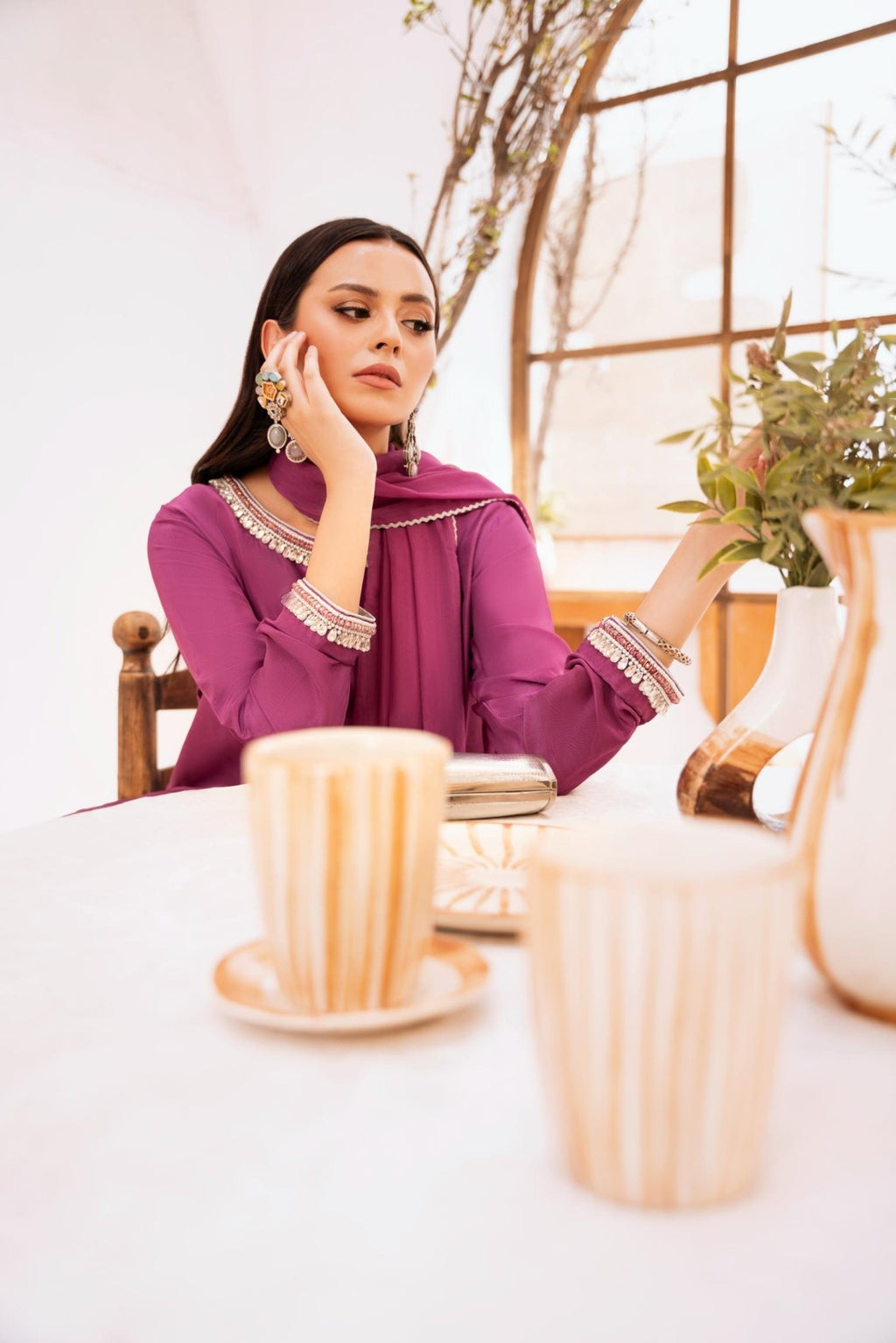 • Clothing: Embroidered/Printed suit for women - Made of best quality fabric - lawn or linen or chiffon - pure silk - Available at Najma Designs & Co. • Jewelry: Gold - plated stud earrings for