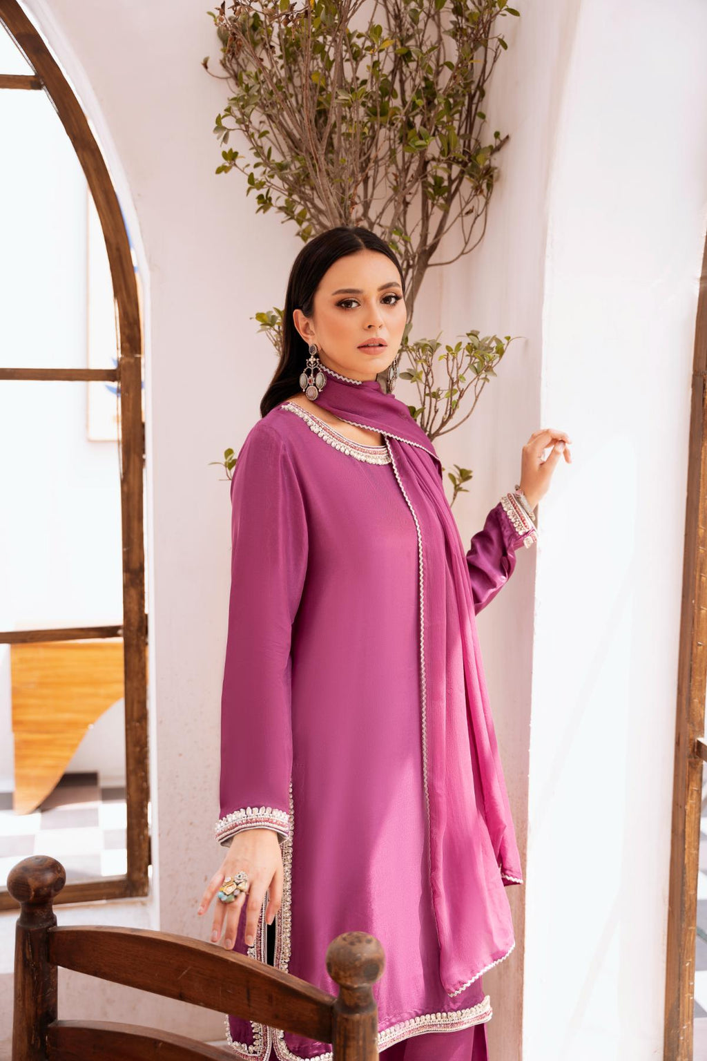 • Clothing: Embroidered/Printed suit for women - Made of best quality fabric - lawn or linen or chiffon - pure silk - Available at Najma Designs & Co. • Jewelry: Gold - plated stud earrings for