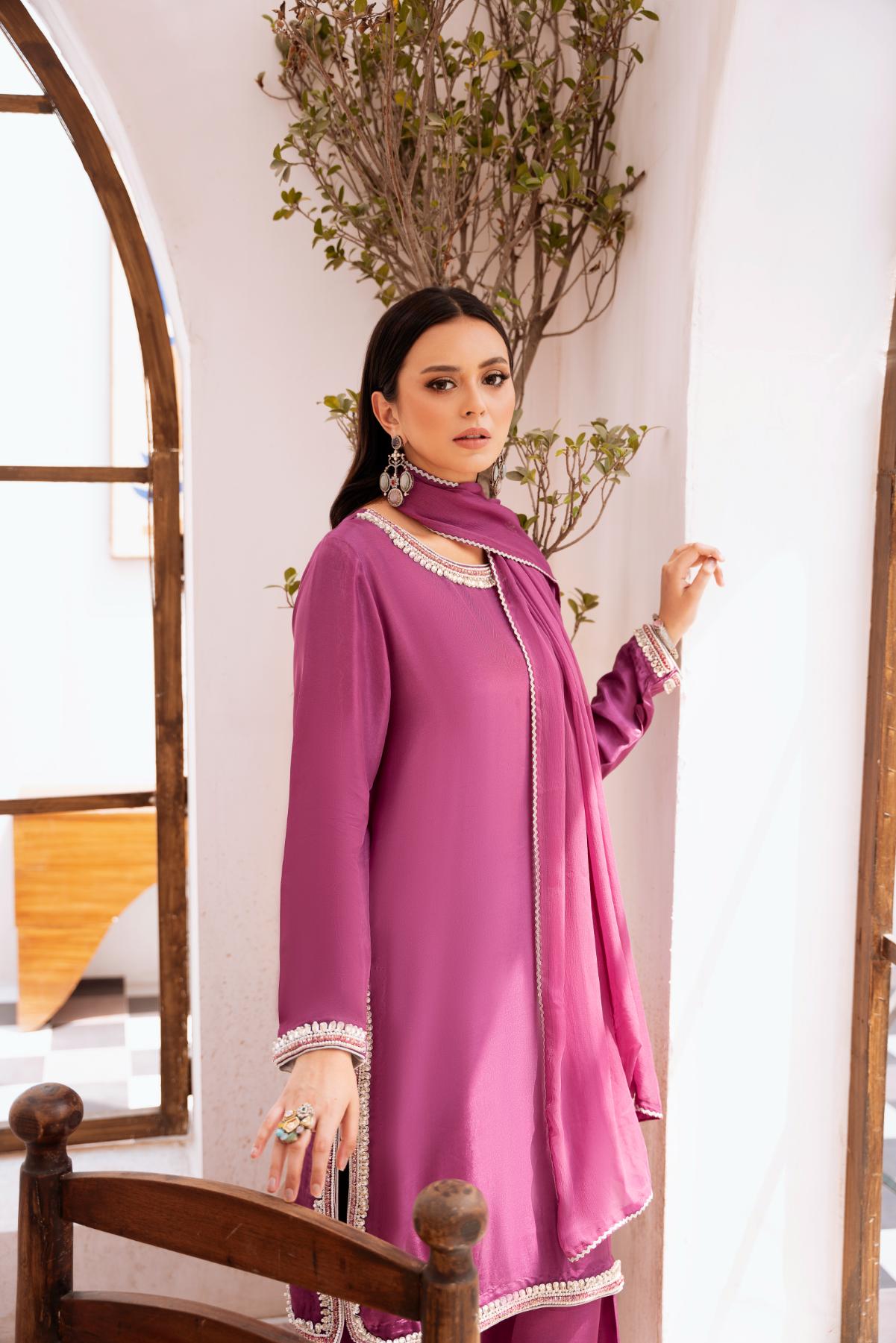 • Clothing: Embroidered/Printed suit for women - Made of best quality fabric - lawn or linen or chiffon - pure silk - Available at Najma Designs & Co. • Jewelry: Gold - plated stud earrings for