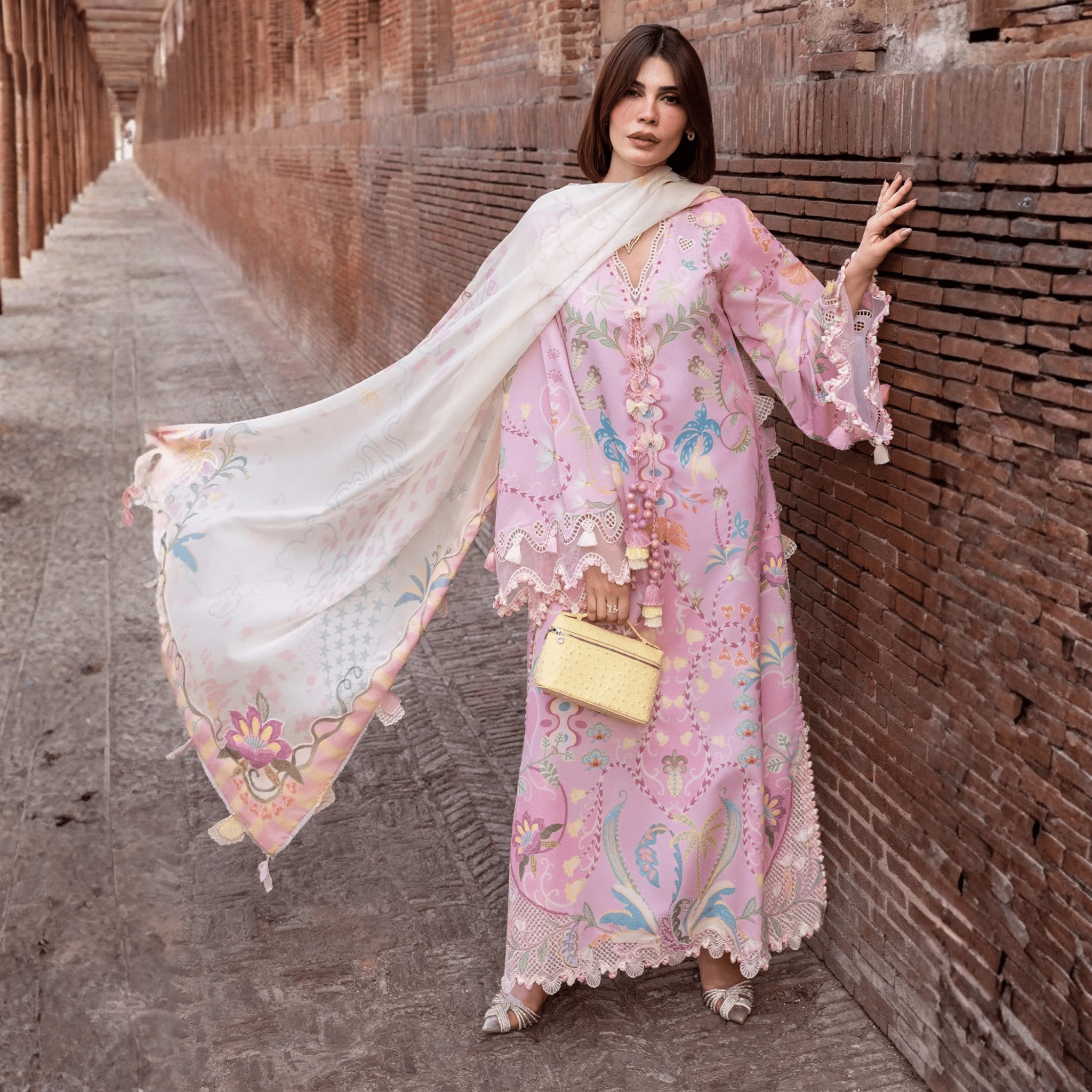 • Clothing: Embroidered/Printed suit for women - Made of best quality fabric - lawn or linen or chiffon - pure silk - Available at Najma Designs & Co. • Jewelry: Gold - plated stud earrings for