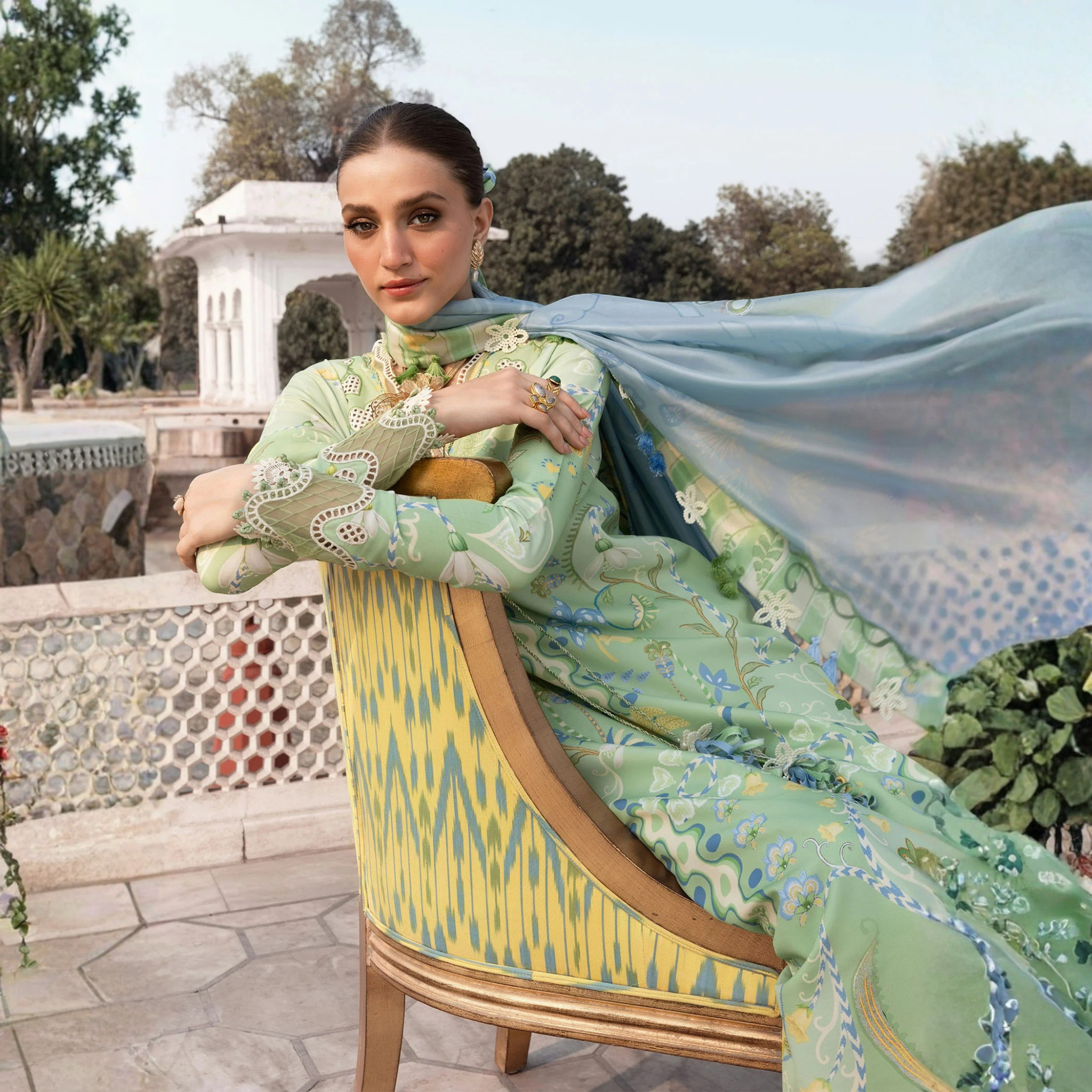 • Clothing: Embroidered/Printed suit for women - Made of best quality fabric - lawn or linen or chiffon - pure silk - Available at Najma Designs & Co. • Jewelry: Gold - plated stud earrings for