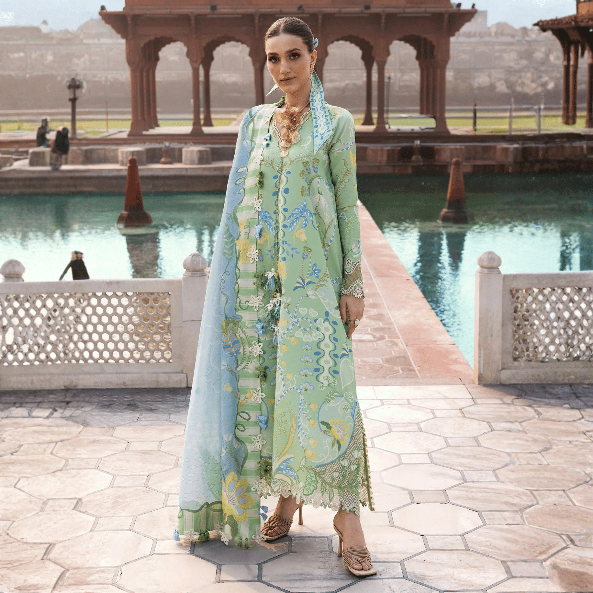 • Clothing: Embroidered/Printed suit for women - Made of best quality fabric - lawn or linen or chiffon - pure silk - Available at Najma Designs & Co. • Jewelry: Gold - plated stud earrings for