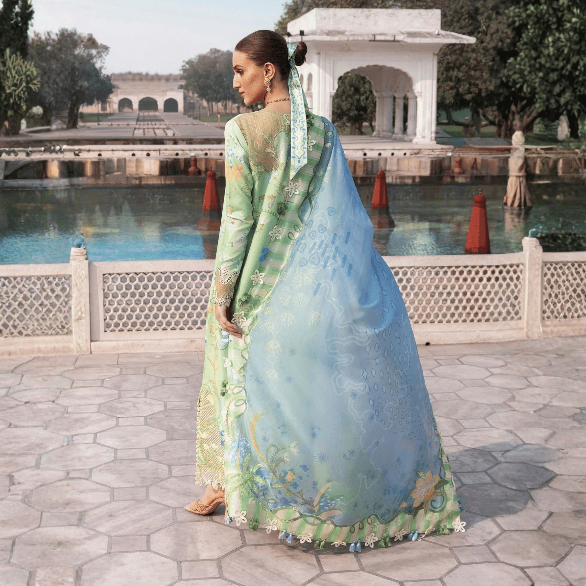 • Clothing: Embroidered/Printed suit for women - Made of best quality fabric - lawn or linen or chiffon - pure silk - Available at Najma Designs & Co. • Jewelry: Gold - plated stud earrings for