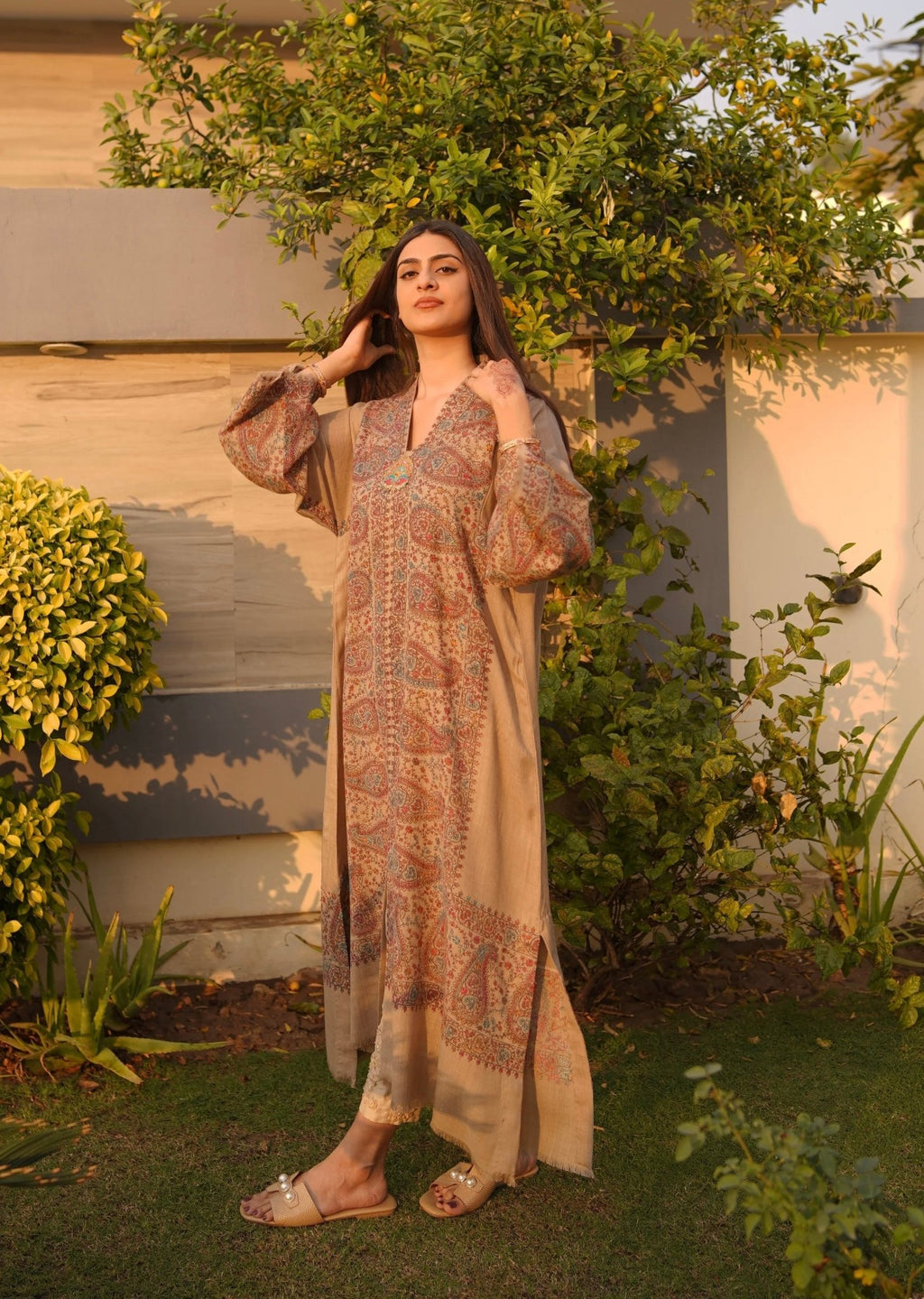 • Clothing: Embroidered/Printed suit for women - Made of best quality fabric - lawn or linen or chiffon- pure silk - Available at Najma Designs & Co. • Jewelry: Gold-plated stud earrings for