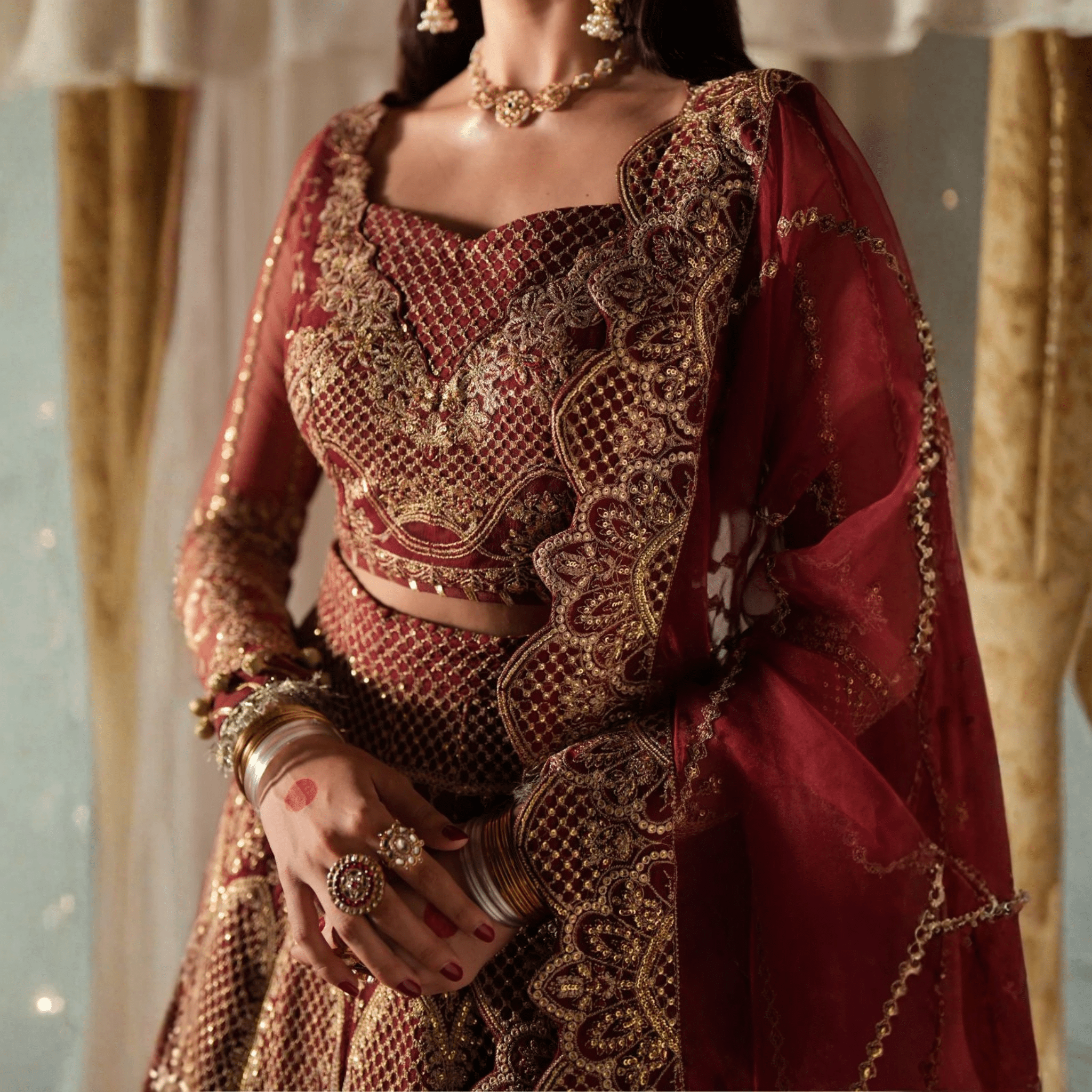 • Clothing: Embroidered/Printed suit for women - Made of best quality fabric - lawn or linen or chiffon - pure silk - Available at Najma Designs & Co. • Jewelry: Gold - plated stud earrings for