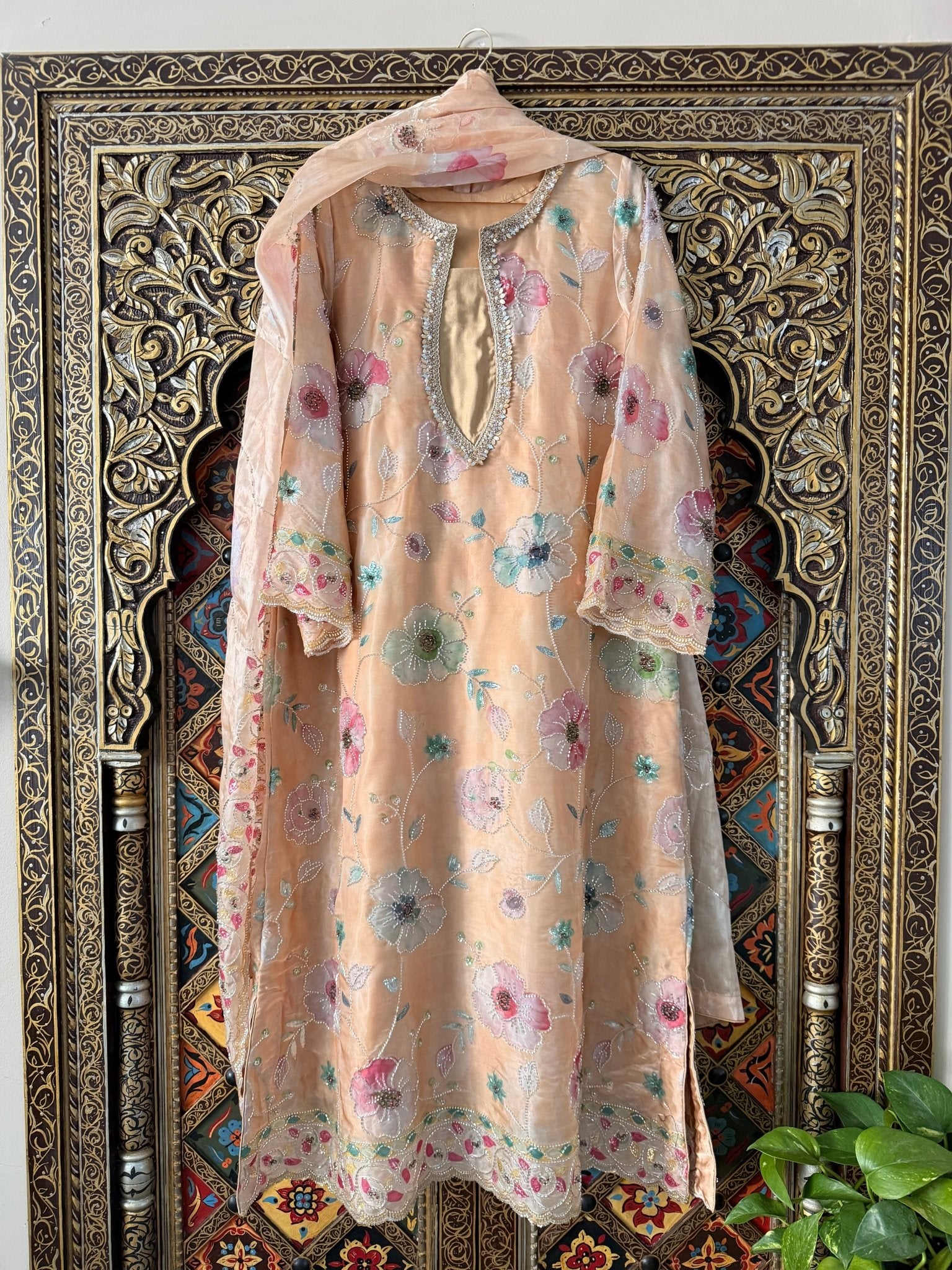 • Clothing: Embroidered/Printed suit for women - Made of best quality fabric - lawn or linen or chiffon - pure silk - Available at Najma Designs & Co. • Jewelry: Gold - plated stud earrings for