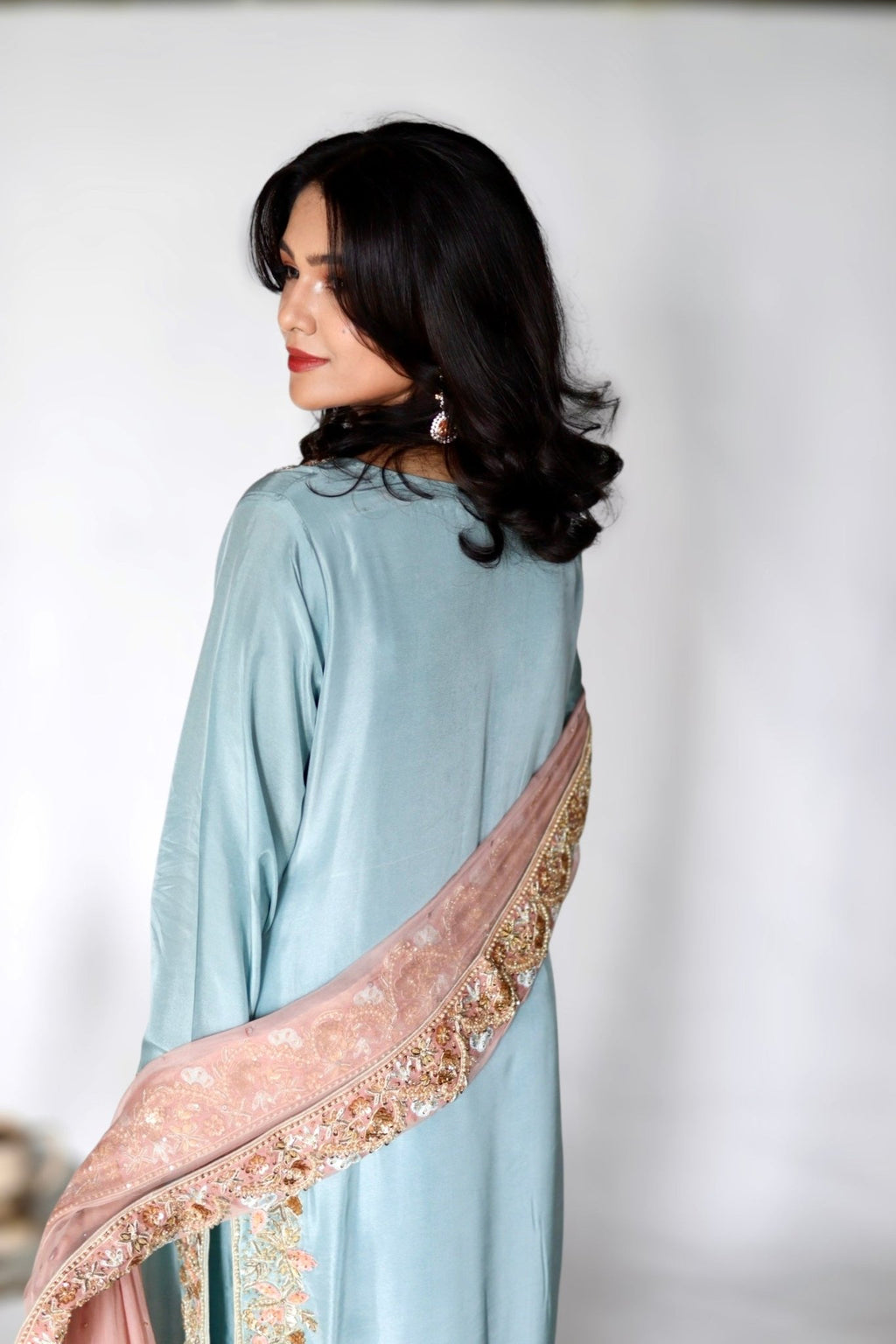 • Clothing: Embroidered/Printed suit for women - Made of best quality fabric - lawn or linen or chiffon - pure silk - Available at Najma Designs & Co. • Jewelry: Gold - plated stud earrings for