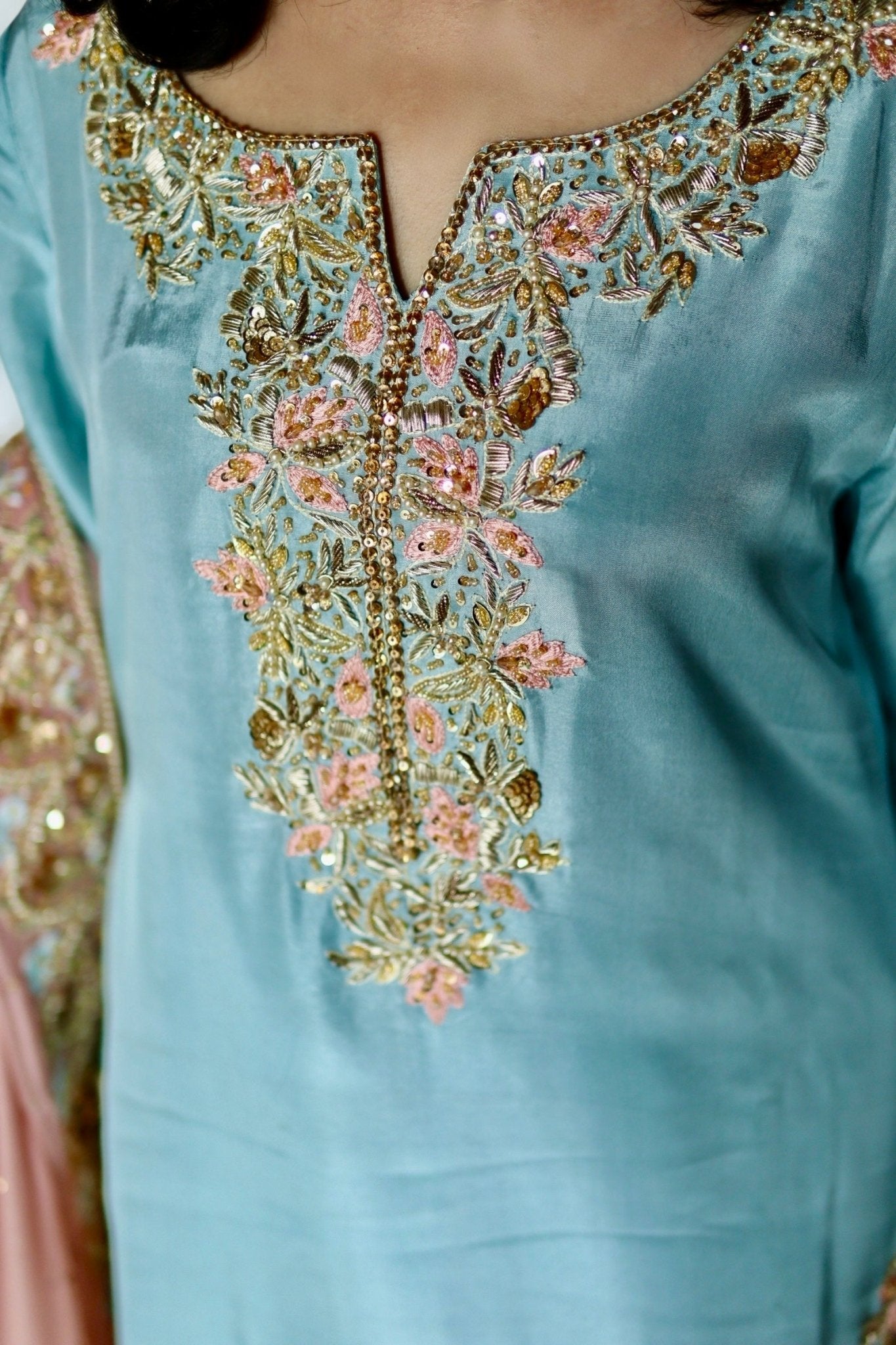 • Clothing: Embroidered/Printed suit for women - Made of best quality fabric - lawn or linen or chiffon - pure silk - Available at Najma Designs & Co. • Jewelry: Gold - plated stud earrings for