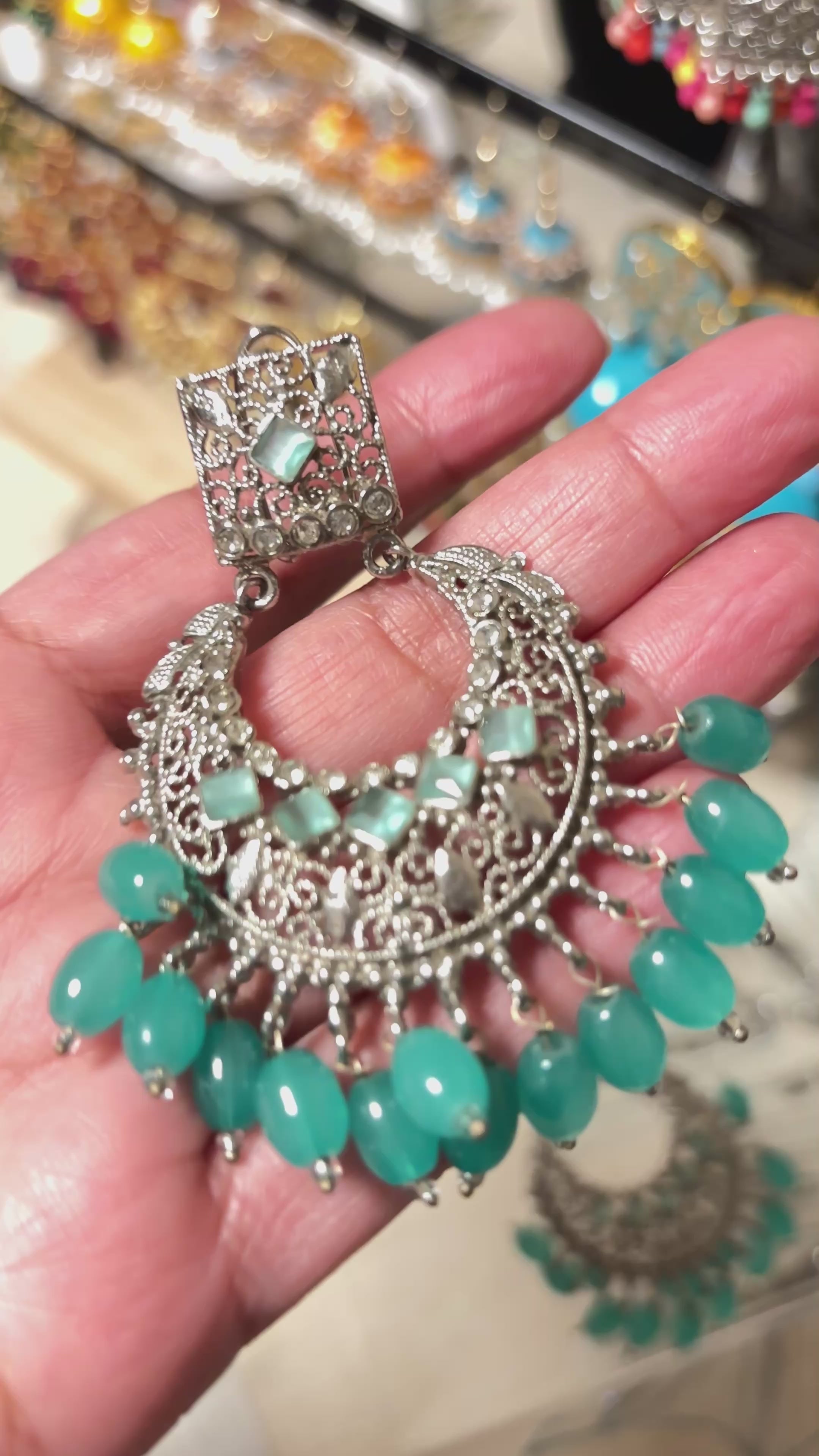 Sea Blue & Silver Kundan Chandelier Earrings – Elegant South Asian Jewelry for Eid & Weddings