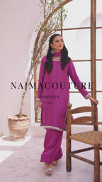 NajmaCouture | Orchid – Blue Korean Silk Farshi Suit with Studs, Sequins, Crystal & Pearl Hand Work