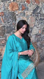 NajmaCouture | Ocean Silk – Lightly Crushed Premium Silk 3-Piece Suit with Lace Trim & Dyed Dupatta