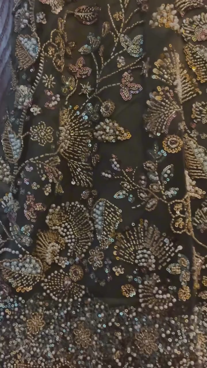NajmaCouture | Heavy Cutdana Net Dupatta Suit – Elongated Shirt with Silk Border | Purple & Gray