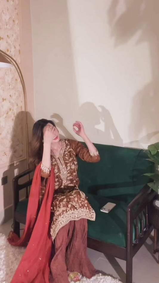 Antique Caramel Crushed Silk Garara Set with Hand Embroidery