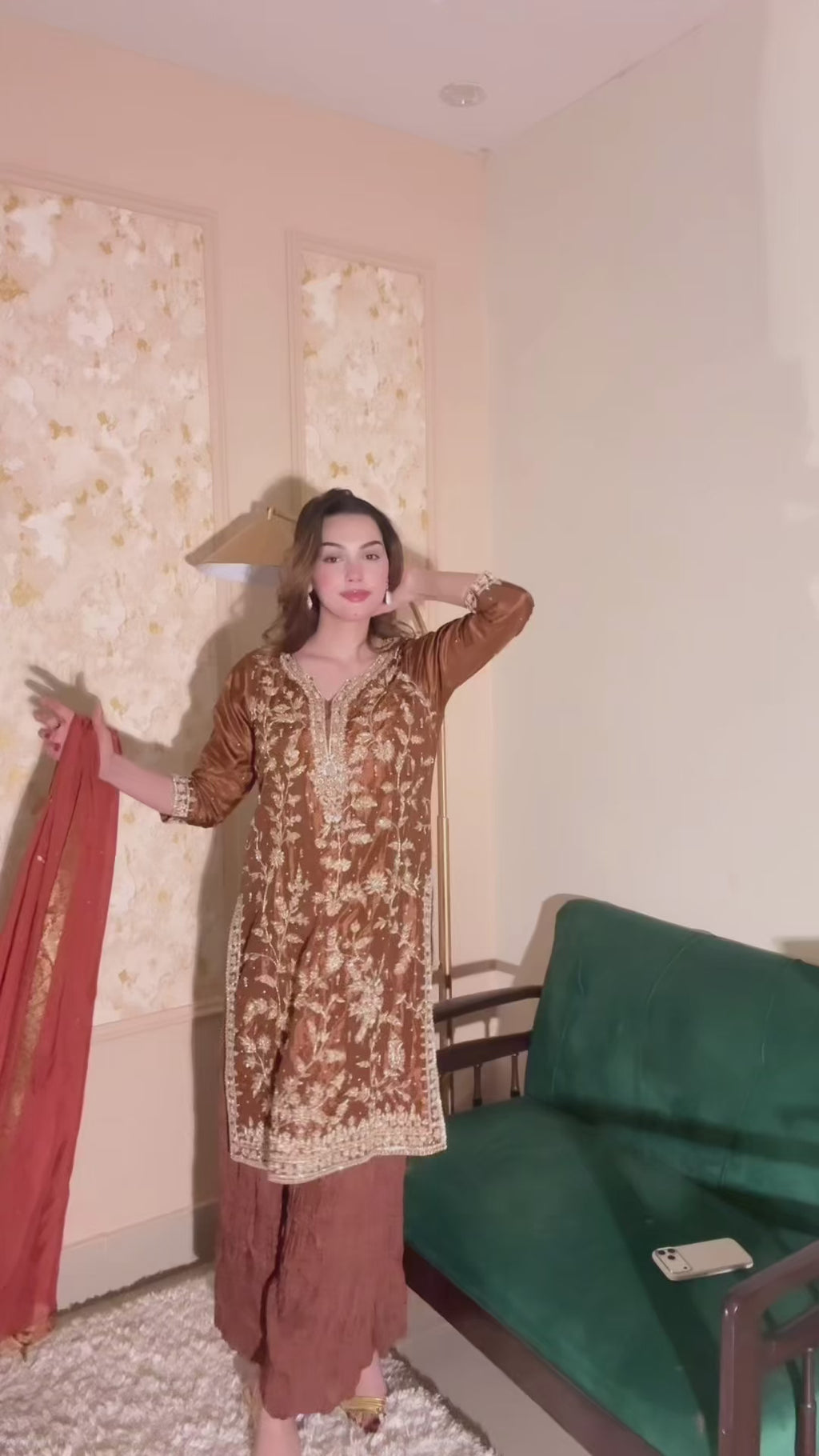 Antique Caramel Crushed Silk Garara Set with Hand Embroidery