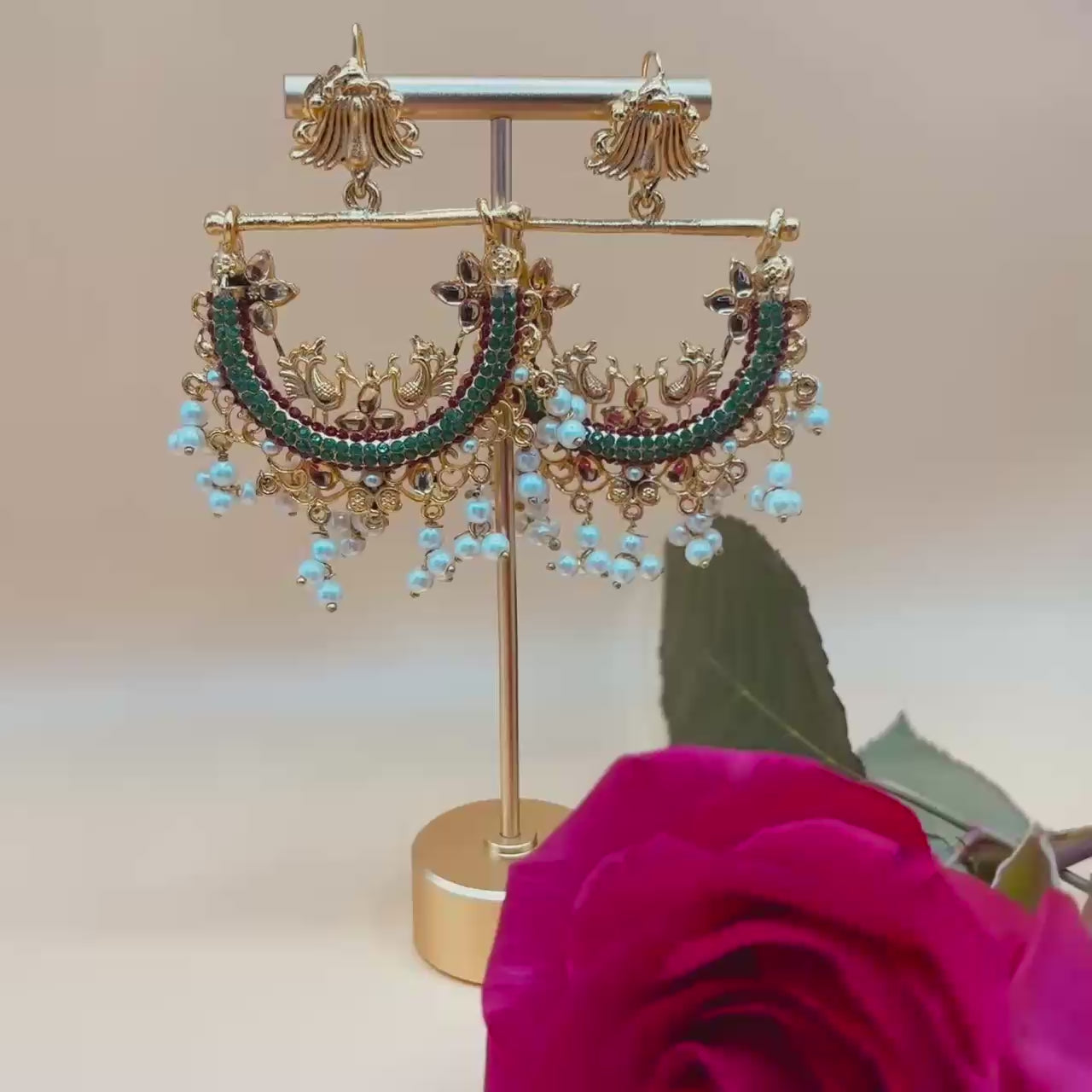 “Green & Maroon Stud Earrings with Golden Bird & Pearls – Elegant South Asian Jewelry for Eid & Special Occasions”
